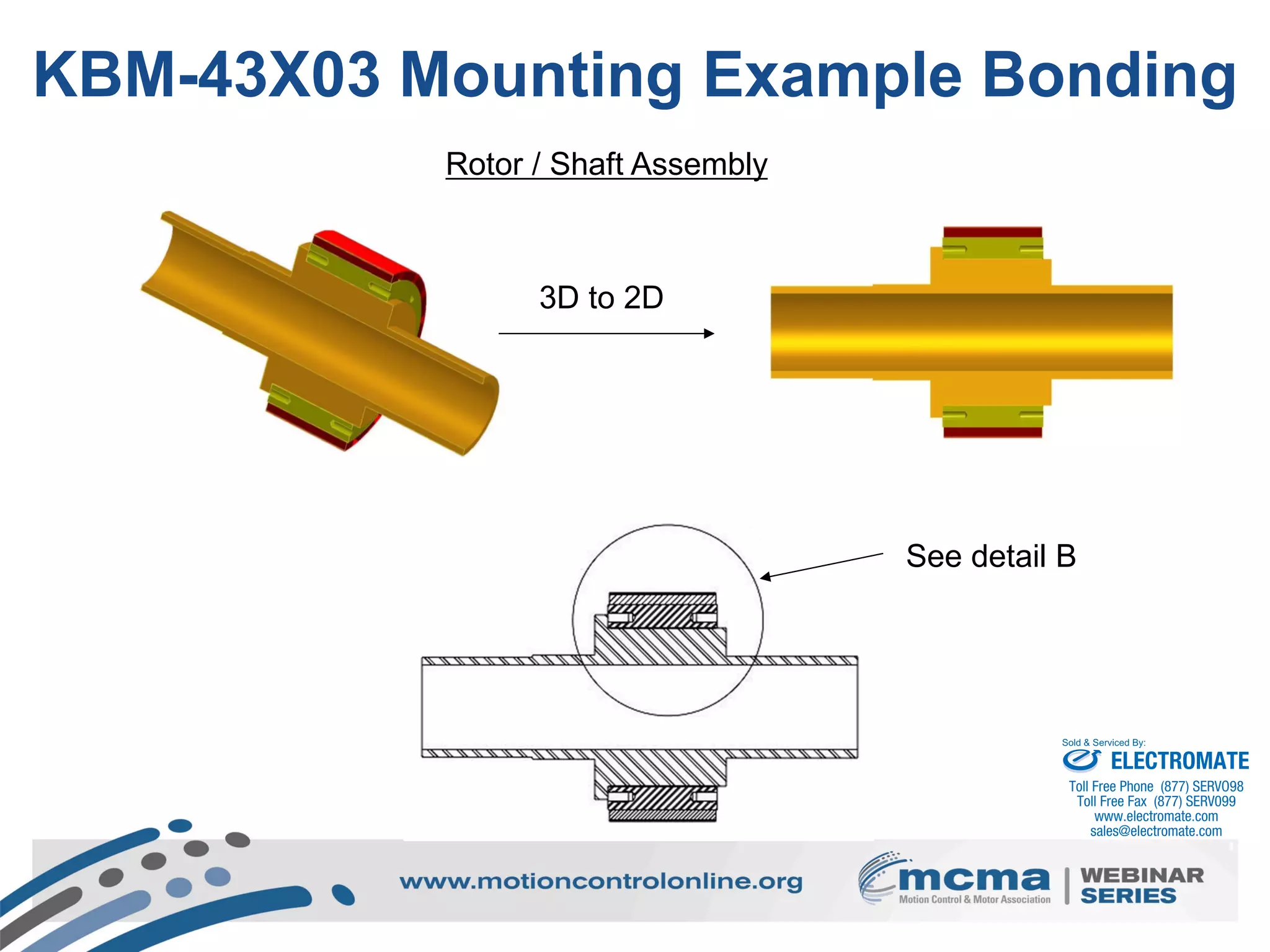 35
3D to 2D
Rotor / Shaft Assembly
See detail B
KBM-43X03 Mounting Example Bonding
ELECTROMATE
Toll Free Phone (877) SERVO98
Toll Free Fax (877) SERV099
www.electromate.com
sales@electromate.com
Sold & Serviced By:
 