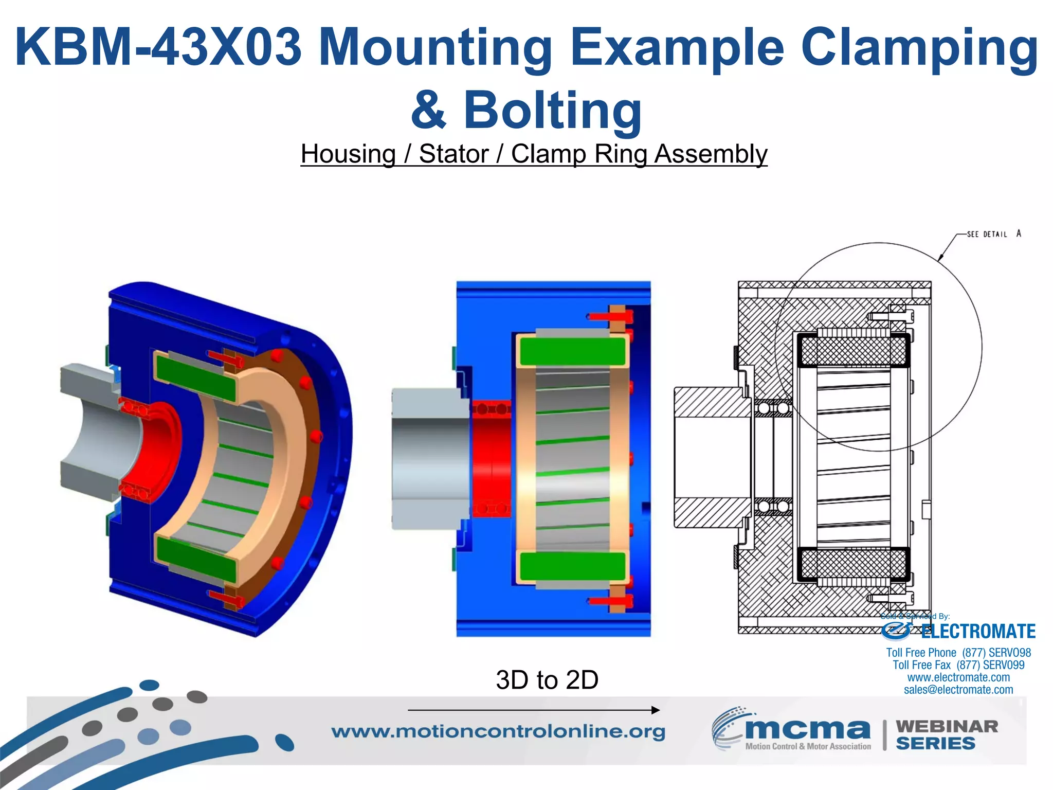 42
KBM-43X03 Mounting Example Clamping
& Bolting
3D to 2D
Housing / Stator / Clamp Ring Assembly
ELECTROMATE
Toll Free Phone (877) SERVO98
Toll Free Fax (877) SERV099
www.electromate.com
sales@electromate.com
Sold & Serviced By:
 