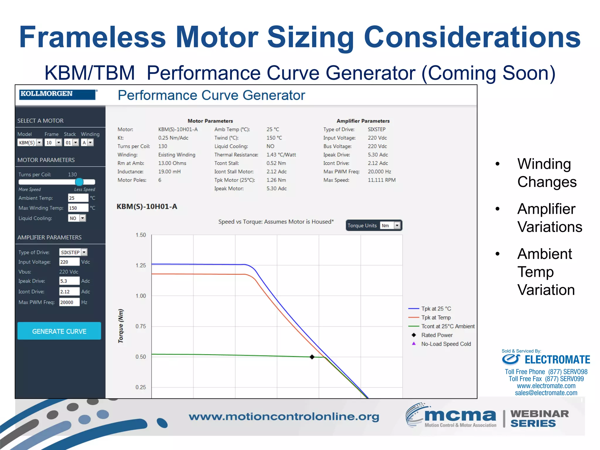 51
• Winding
Changes
• Amplifier
Variations
• Ambient
Temp
Variation
KBM/TBM Performance Curve Generator (Coming Soon)
Frameless Motor Sizing Considerations
ELECTROMATE
Toll Free Phone (877) SERVO98
Toll Free Fax (877) SERV099
www.electromate.com
sales@electromate.com
Sold & Serviced By:
 
