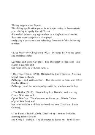 Theory Application Paper:
The theory application paper is an opportunity to demonstrate
your ability to apply four different
theoretical counseling approaches to a single case situation.
Students must complete a term paper
analyzing a case situation selecting from one of the following
movies:
• Like Water for Chocolate (1992). Directed by Alfonso Arau,
and starring Marco
Leonardi and Lumi Cavazos. The character to focus on: Tita
(Lumi Cavazos) and
her relationships with her family.
• One True Thing (1998). Directed by Carl Franklin. Starring
Meryl Streep, Renée
Zellweger, and William Hurt. The character to focus on: Ellen
Gulden (Renée
Zellweger) and her relationships with her mother and father.
• The Butler (2013). Directed by Lee Daniels, and starring
Forest Whitaker and
Oprah Winfrey. The character to focus on: Gloria Gaines
(Oprah Winfrey) and
her relationships with her husband and son (Cecil and Louis
Gaines).
• The Family Stone (2005). Directed by Thomas Bezucha.
Starring Diane Keaton
and Craig T. Nelson. The character to focus on: Sybil Stone
 