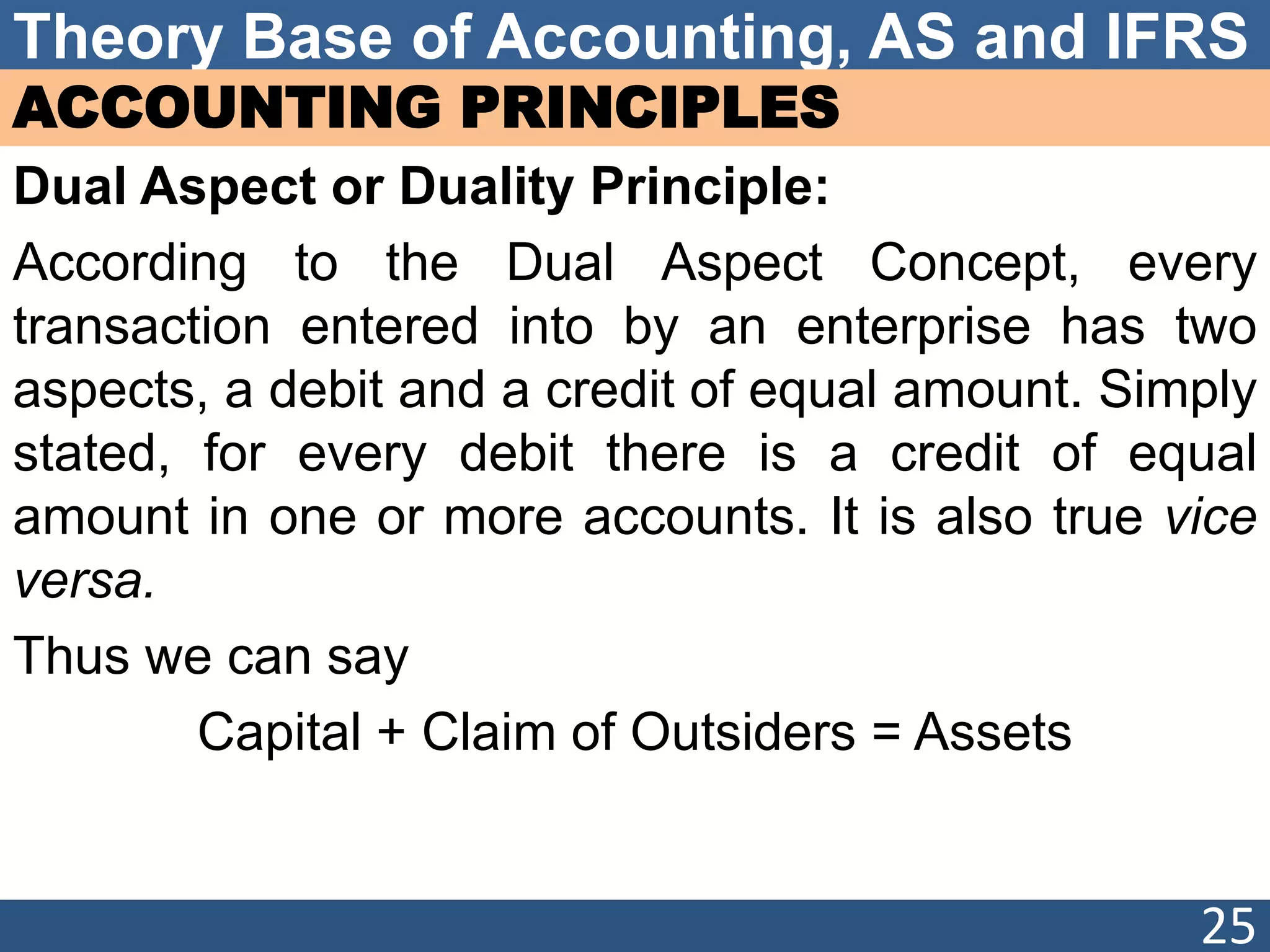 Theory Base of Accounting, AS and IFRS
ACCOUNTING PRINCIPLES
Dual Aspect or Duality Principle:
According to the Dual Aspect Concept, every
transaction entered into by an enterprise has two
aspects, a debit and a credit of equal amount. Simply
stated, for every debit there is a credit of equal
amount in one or more accounts. It is also true vice
versa.
Thus we can say
Capital + Claim of Outsiders = Assets
25
 