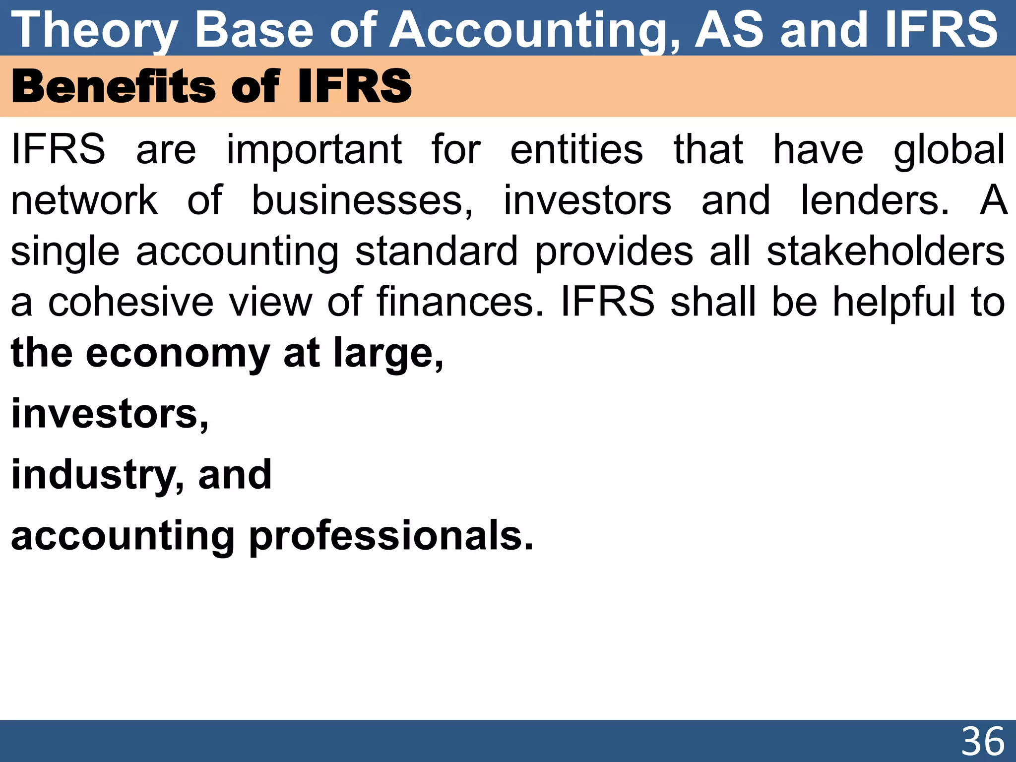 Theory Base of Accounting, AS and IFRS
Benefits of IFRS
IFRS are important for entities that have global
network of businesses, investors and lenders. A
single accounting standard provides all stakeholders
a cohesive view of finances. IFRS shall be helpful to
the economy at large,
investors,
industry, and
accounting professionals.
36
 