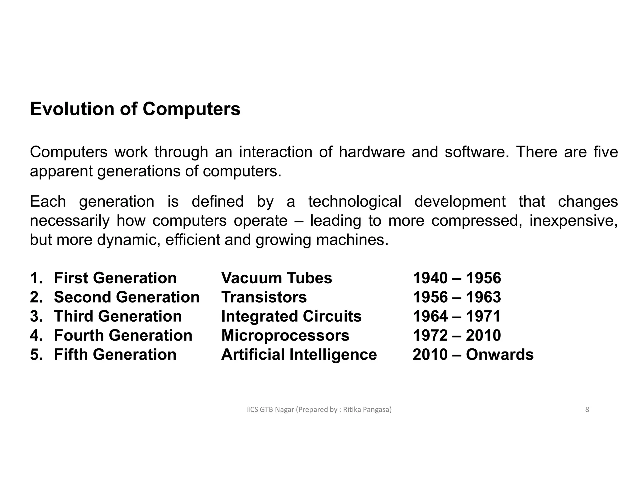 IICS GTB Nagar (Prepared by : Ritika Pangasa)
Evolution of Computers
Computers work through an interaction of hardware and software. There are five
apparent generations of computers.
Each generation is defined by a technological development that changes
necessarily how computers operate – leading to more compressed, inexpensive,
but more dynamic, efficient and growing machines.
1. First Generation Vacuum Tubes 1940 – 1956
2. Second Generation Transistors 1956 – 1963
3. Third Generation Integrated Circuits 1964 – 1971
4. Fourth Generation Microprocessors 1972 – 2010
5. Fifth Generation Artificial Intelligence 2010 – Onwards
8
 