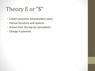 Theory E or “$”
• Create economic (shareholder) value
• Formal Structure and systems
• Driven from the top w/ consultants
• Change is planned
 