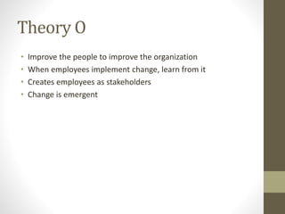 Theory O
• Improve the people to improve the organization
• When employees implement change, learn from it
• Creates employees as stakeholders
• Change is emergent
 