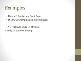Examples
• Theory E: Dunlap and Scott Paper
• Theory O: Champion and the employees
• NEITHER was uniquely effective.
> And / Or paradox, mixing
 