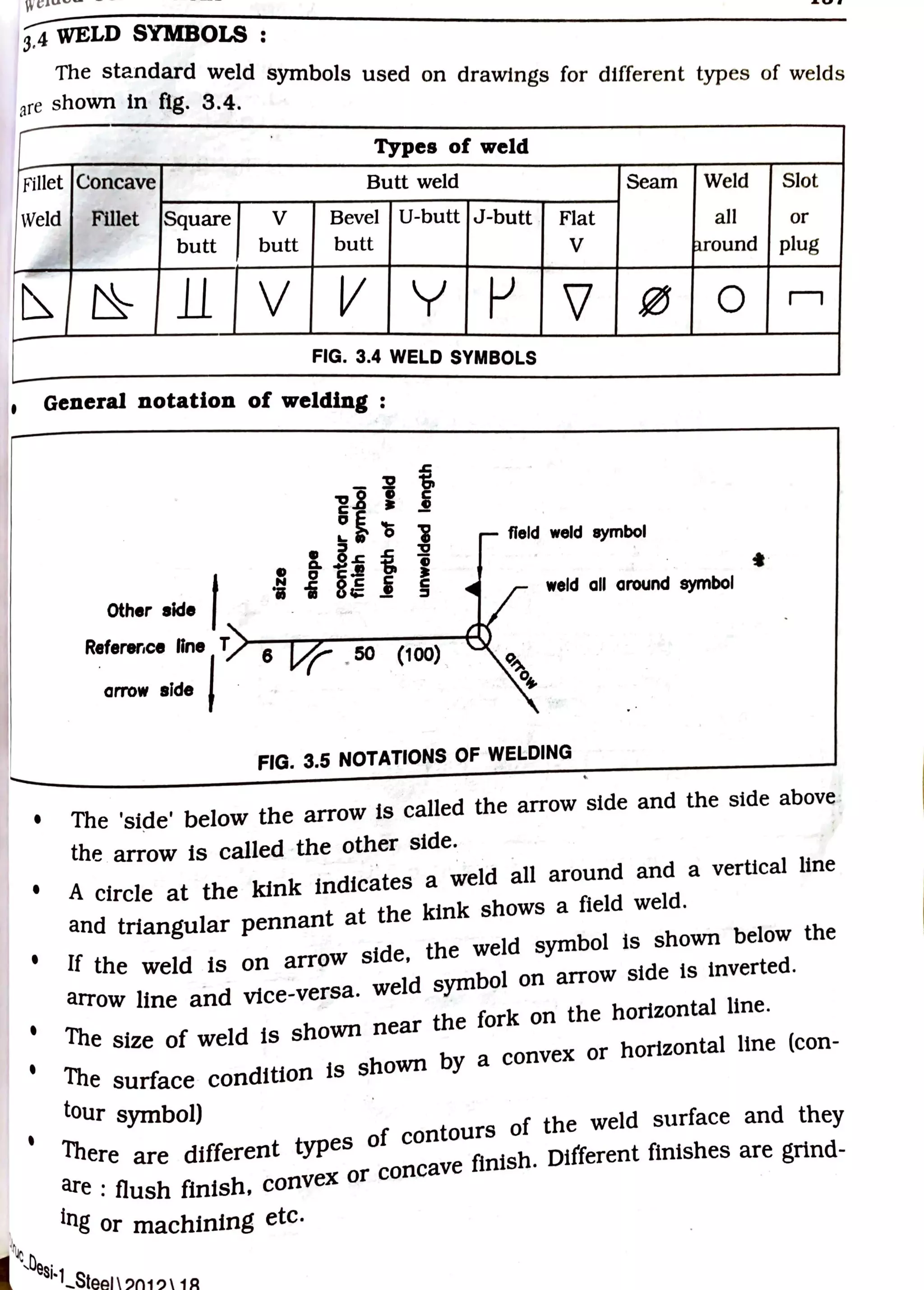 '
wt;;iu-- ~
..---:: I
3.4 WELD SYMBOLS :
The standard weld symb 1
o s used on dr wi ,
are shown In fig. 3.4. a ngs ,or different types of welds
Types of weld
Fillet Concave Butt weld Seam Weld Slot
Weld Fillet Square V
I
Bevel
I
U-butt J-butt
I
Flat all or
butt butt butt V around plug
--
~I & 11 V V y ~ V ~ 0
I
r7
FIG. 3.4 WELD SYMBOLS
General notation of welding :
field weld symbol
other aide I
Referer.ce One T r.:--r~-----a
.arrow side I 8 r .so c100>
weld all around symbol
FIG. 3.5 NOTATIONS OF WELDING
.
• The 'siµe' below the arrow is called the arrow side and the side above
the arrow is called the other side.
• A circle at the kink indic~tes a ~eld ~11 around and a vertical line
and triangular pennant at the kink shows a field weld.
' If the weld Is on arrow side, the weld symbol Is shown below the
arrow line aild vtce-versa. weld symbol on arrow side Is Inverted.
' The size of weld Is shown near the fork on the horizontal line.
' The surface condition Is shown by a convex or horizontal line (con-
tour symbol)
'
There are different types of contours of the weld surface and they
are : flush finish, convex or concave finish. Different finishes are grtnd-
tng or machining etc.
,Desi-1 St
- e ,., 
 