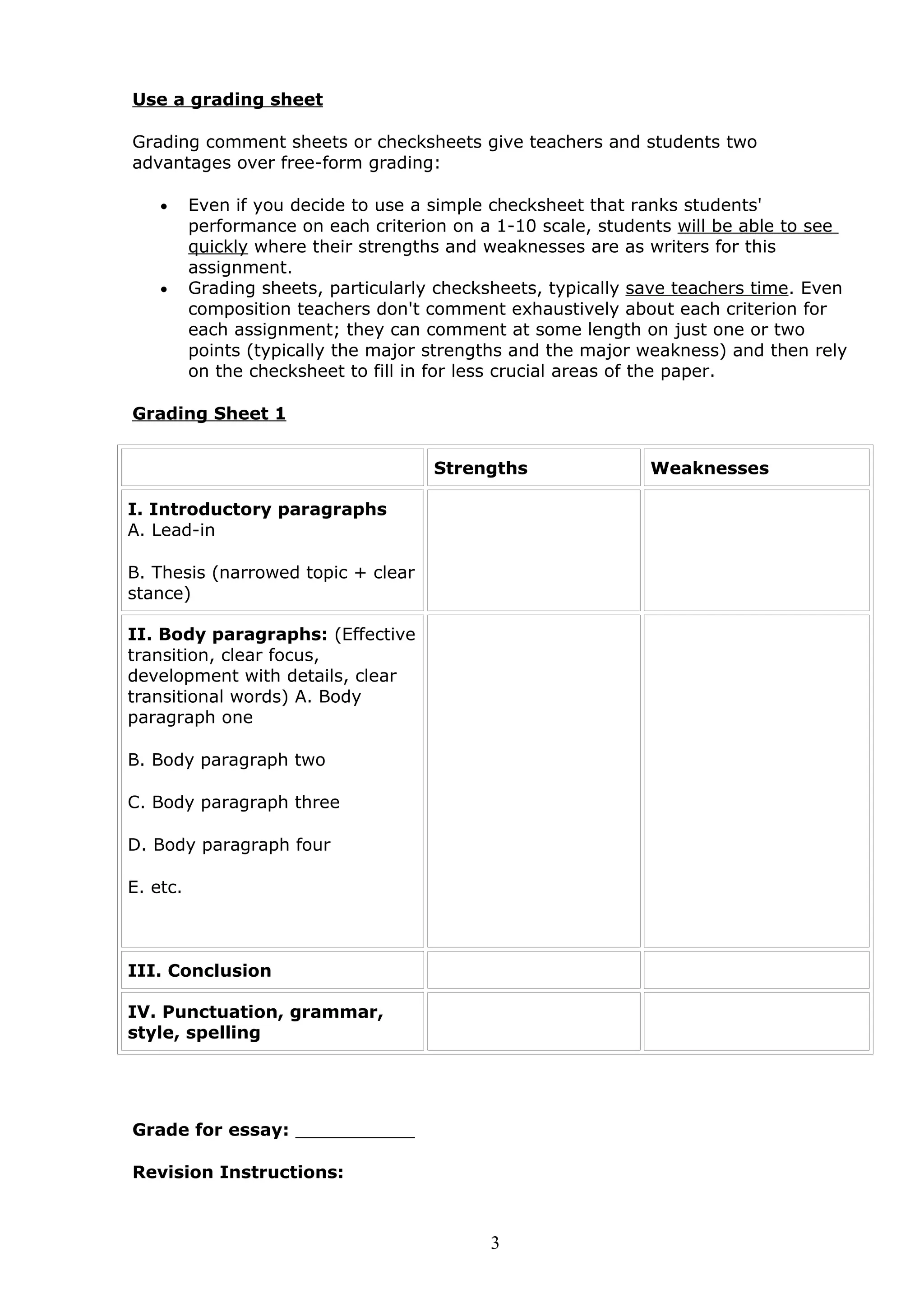 Use a grading sheet

Grading comment sheets or checksheets give teachers and students two
advantages over free-form grading:

    •     Even if you decide to use a simple checksheet that ranks students'
          performance on each criterion on a 1-10 scale, students will be able to see
          quickly where their strengths and weaknesses are as writers for this
          assignment.
    •     Grading sheets, particularly checksheets, typically save teachers time. Even
          composition teachers don't comment exhaustively about each criterion for
          each assignment; they can comment at some length on just one or two
          points (typically the major strengths and the major weakness) and then rely
          on the checksheet to fill in for less crucial areas of the paper.

Grading Sheet 1


                                      Strengths                Weaknesses

I. Introductory paragraphs
A. Lead-in

B. Thesis (narrowed topic + clear
stance)

II. Body paragraphs: (Effective
transition, clear focus,
development with details, clear
transitional words) A. Body
paragraph one

B. Body paragraph two

C. Body paragraph three

D. Body paragraph four

E. etc.



III. Conclusion

IV. Punctuation, grammar,
style, spelling




Grade for essay: ___________

Revision Instructions:



                                            3
 