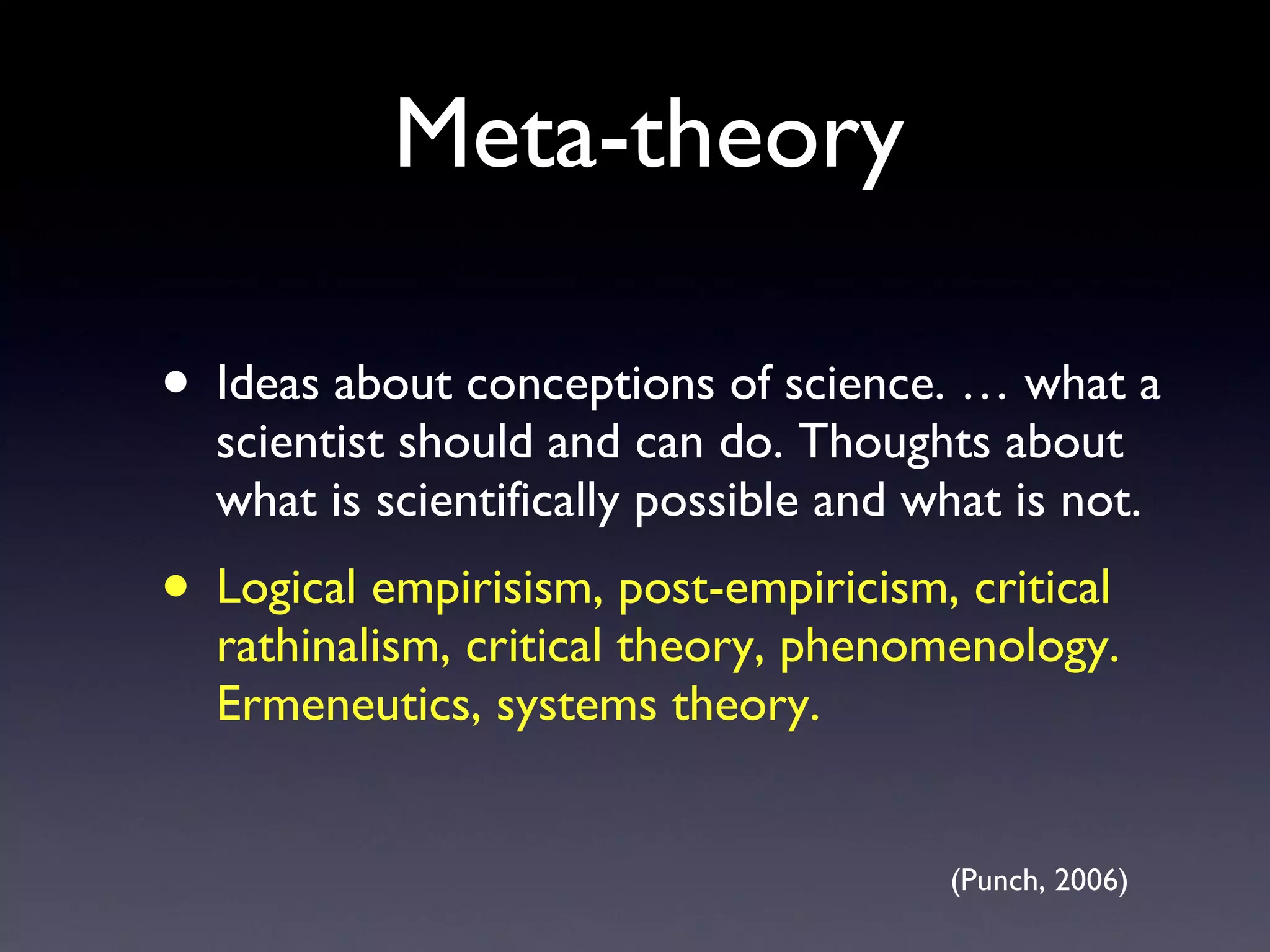 Meta-theory Ideas about conceptions of science. … what a scientist should and can do. Thoughts about what is scientifically possible and what is not.  Logical empirisism, post-empiricism, critical rathinalism, critical theory, phenomenology. Ermeneutics, systems theory. (Punch, 2006) 