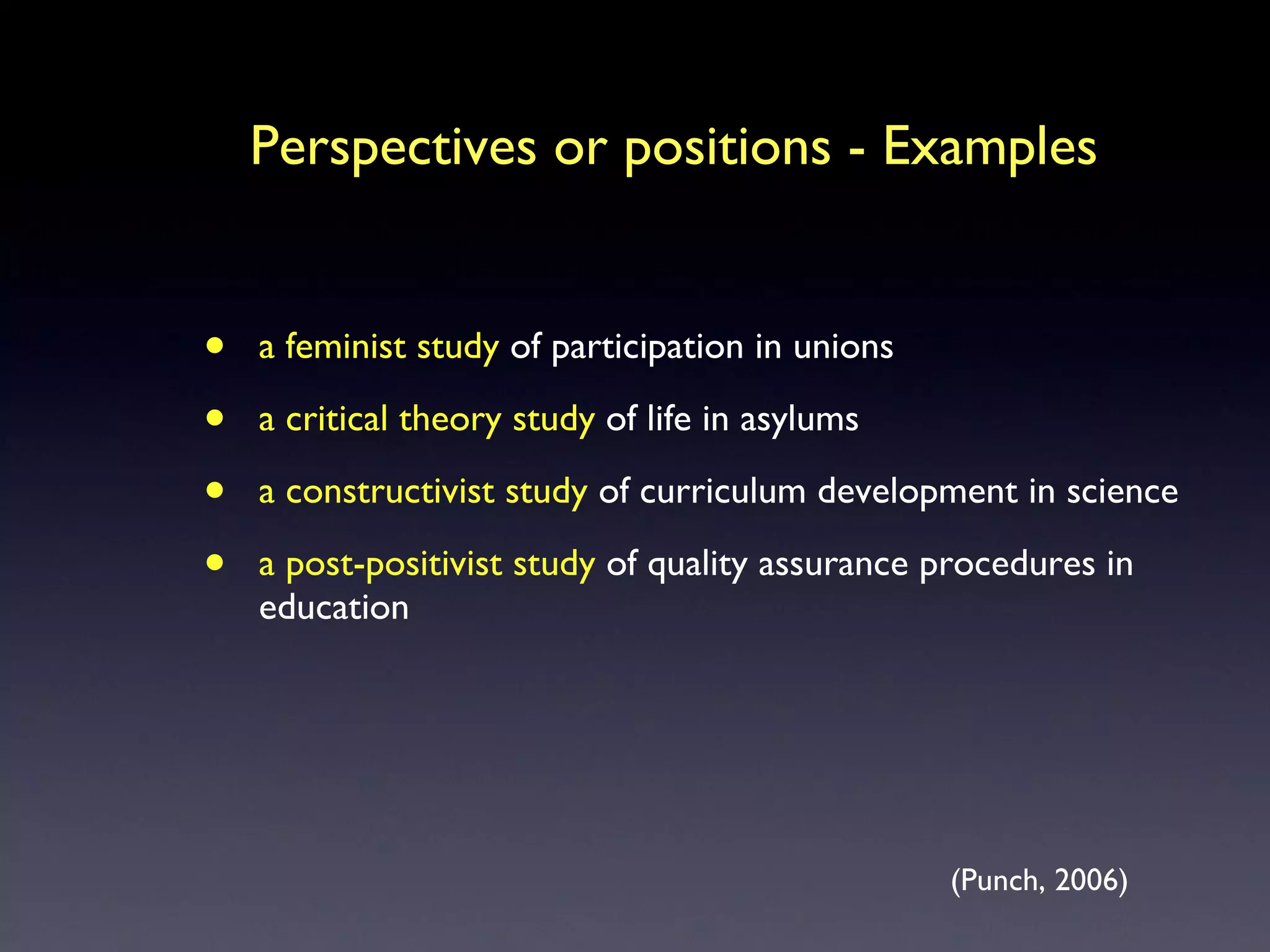 Perspectives or positions - Examples a feminist study  of participation in unions a critical theory study  of life in asylums a constructivist study  of curriculum development in science a post-positivist study  of quality assurance procedures in education (Punch, 2006) 
