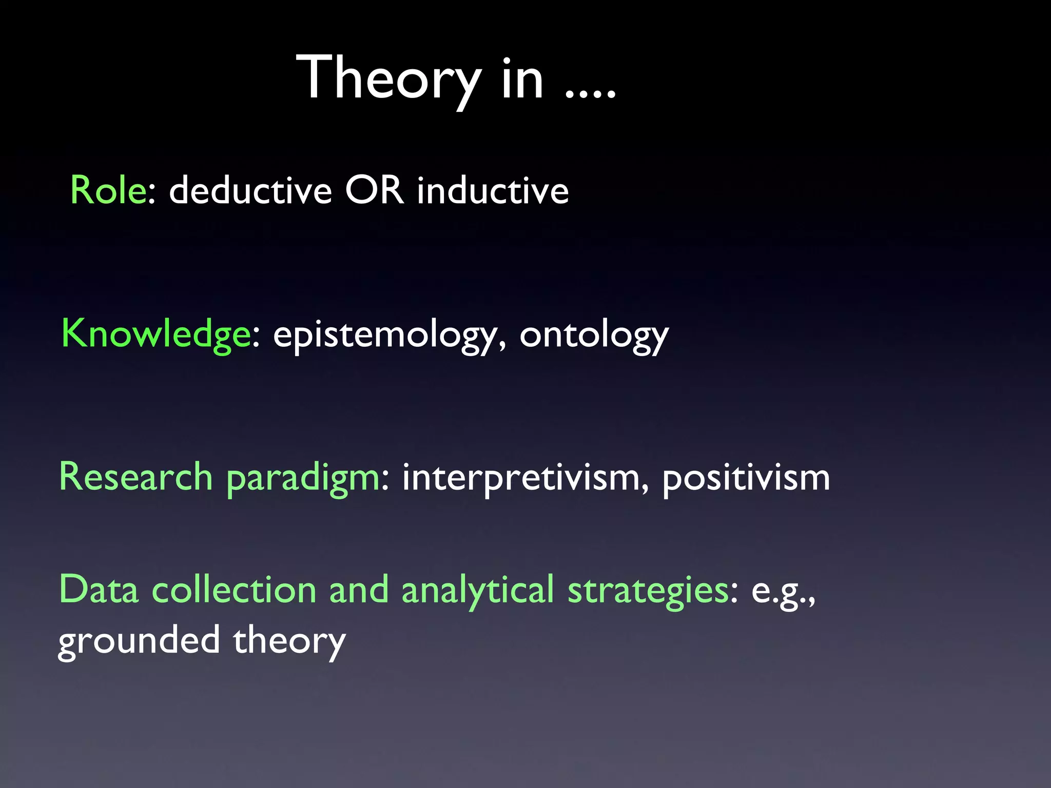 Knowledge : epistemology, ontology Data collection and analytical strategies : e.g., grounded theory Role : deductive OR inductive Research paradigm : interpretivism, positivism Theory in .... 