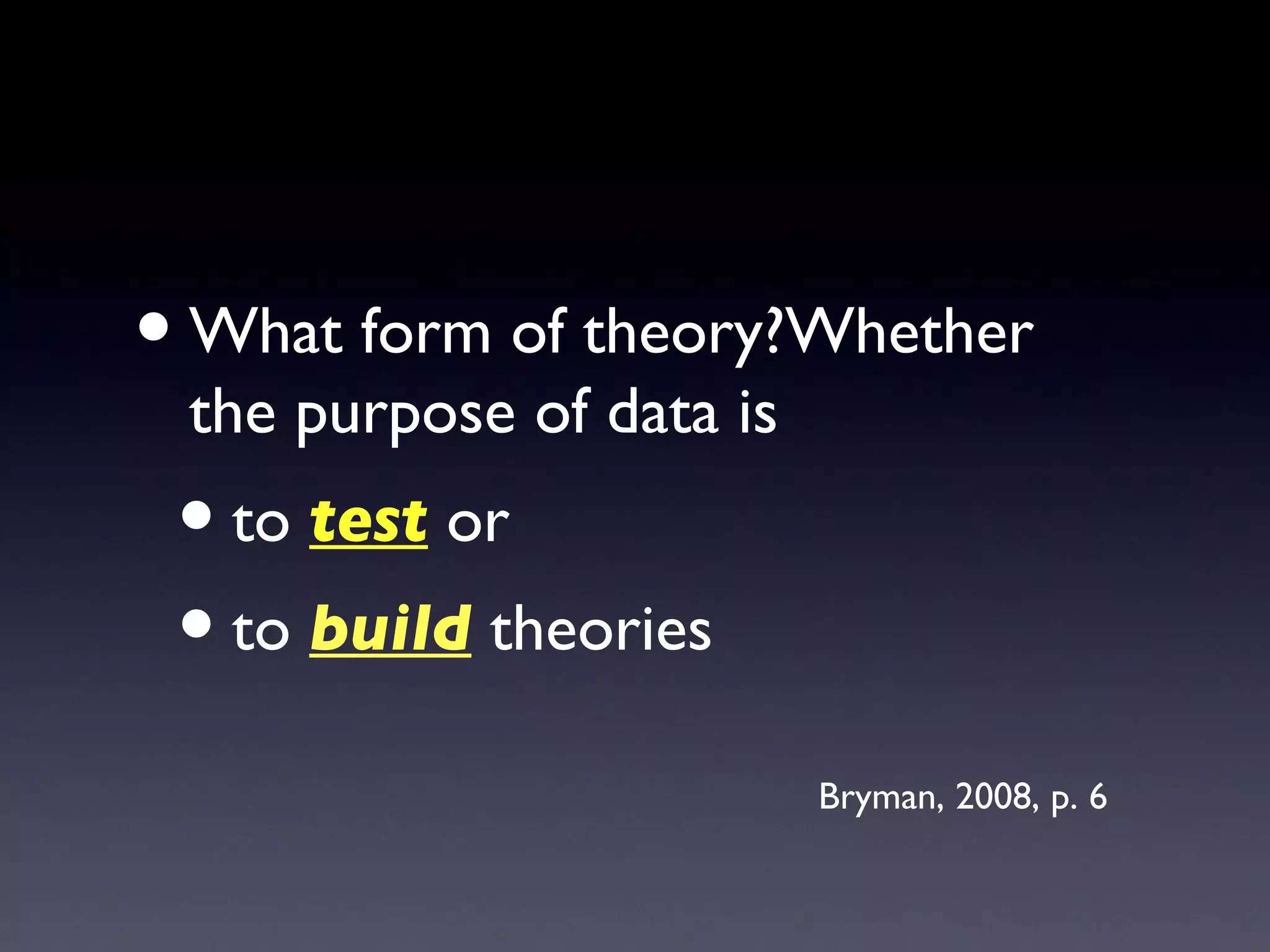 What form of theory?Whether the purpose of data is  to  test  or  to  build  theories Bryman, 2008, p. 6 