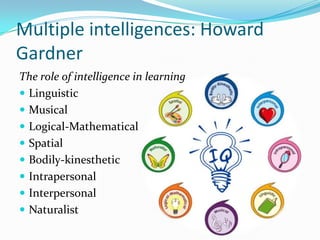 Multiple intelligences: Howard
Gardner
The role of intelligence in learning
 Linguistic
 Musical
 Logical-Mathematical
 Spatial
 Bodily-kinesthetic
 Intrapersonal
 Interpersonal
 Naturalist
 