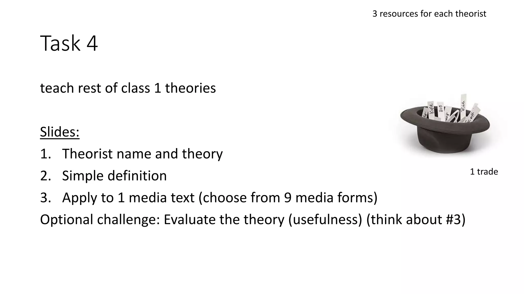 Task 4
teach rest of class 1 theories
Slides:
1. Theorist name and theory
2. Simple definition
3. Apply to 1 media text (choose from 9 media forms)
Optional challenge: Evaluate the theory (usefulness) (think about #3)
3 resources for each theorist
1 trade
 