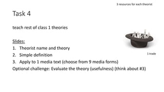Task 4
teach rest of class 1 theories
Slides:
1. Theorist name and theory
2. Simple definition
3. Apply to 1 media text (choose from 9 media forms)
Optional challenge: Evaluate the theory (usefulness) (think about #3)
3 resources for each theorist
1 trade
 