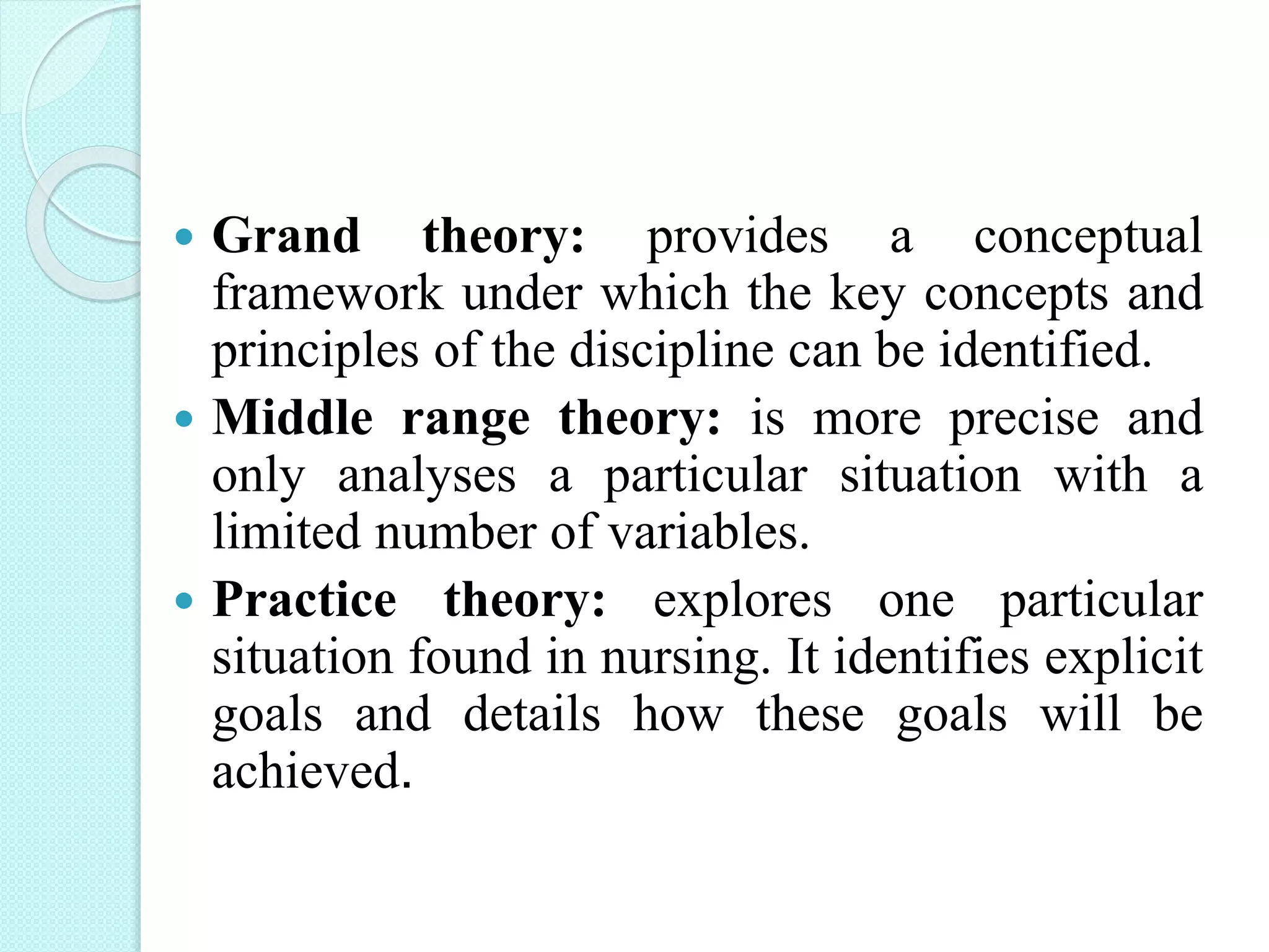  Grand theory: provides a conceptual
framework under which the key concepts and
principles of the discipline can be identified.
 Middle range theory: is more precise and
only analyses a particular situation with a
limited number of variables.
 Practice theory: explores one particular
situation found in nursing. It identifies explicit
goals and details how these goals will be
achieved.
 