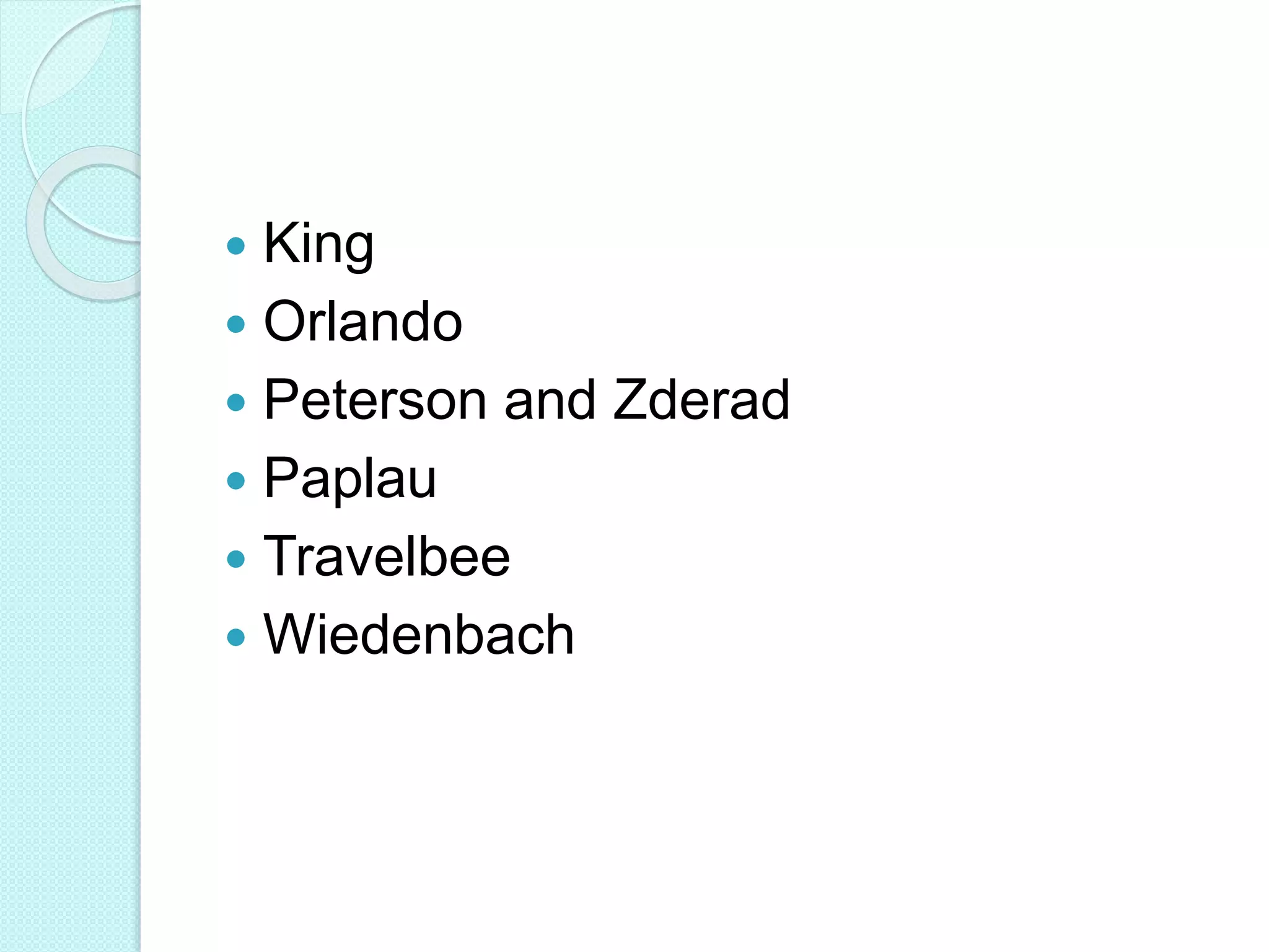  King
 Orlando
 Peterson and Zderad
 Paplau
 Travelbee
 Wiedenbach
 