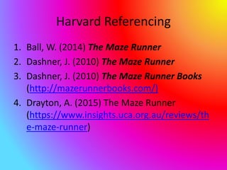 Harvard Referencing
1. Ball, W. (2014) The Maze Runner
2. Dashner, J. (2010) The Maze Runner
3. Dashner, J. (2010) The Maze Runner Books
(http://mazerunnerbooks.com/)
4. Drayton, A. (2015) The Maze Runner
(https://www.insights.uca.org.au/reviews/th
e-maze-runner)
 