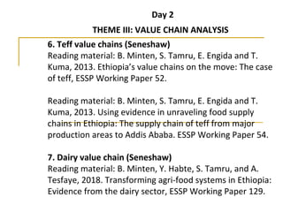 Day 2
THEME III: VALUE CHAIN ANALYSIS
6. Teff value chains (Seneshaw)
Reading material: B. Minten, S. Tamru, E. Engida and T. 
Kuma, 2013. Ethiopia’s value chains on the move: The case 
of teff, ESSP Working Paper 52.
Reading material: B. Minten, S. Tamru, E. Engida and T. 
Kuma, 2013. Using evidence in unraveling food supply 
chains in Ethiopia: The supply chain of teff from major 
production areas to Addis Ababa. ESSP Working Paper 54.
7. Dairy value chain (Seneshaw)
Reading material: B. Minten, Y. Habte, S. Tamru, and A. 
Tesfaye, 2018. Transforming agri-food systems in Ethiopia: 
Evidence from the dairy sector, ESSP Working Paper 129.
 
 