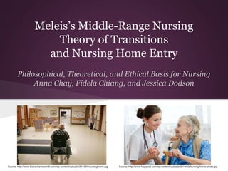 Meleis’s Middle-Range Nursing 
Theory of Transitions 
and Nursing Home Entry 
Philosophical, Theoretical, and Ethical Basis for Nursing 
Anna Chay, Fidela Chiang, and Jessica Dodson 
Source: http://www.travischarlessmith.com/wp-content/uploads/2013/04/nursinghome.jpg Source: http://www.hayspost.com/wp-content/uploads/2014/03/Nursing-home-photo.jpg 
 