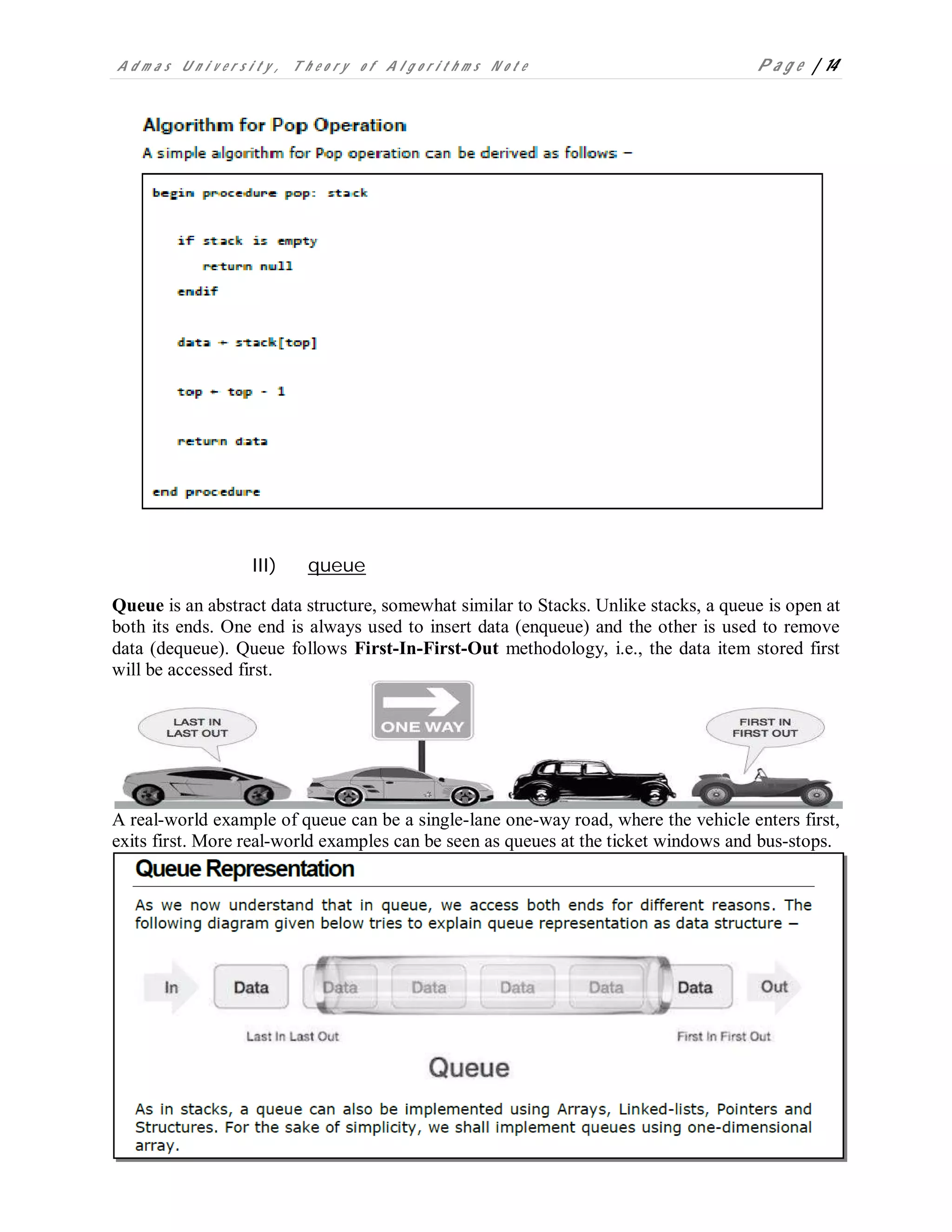 A d m a s U n i v e r s i t y , T h e o r y o f A l g o r i t h m s N o t e P a g e | 14
III) queue
Queue is an abstract data structure, somewhat similar to Stacks. Unlike stacks, a queue is open at
both its ends. One end is always used to insert data (enqueue) and the other is used to remove
data (dequeue). Queue follows First-In-First-Out methodology, i.e., the data item stored first
will be accessed first.
A real-world example of queue can be a single-lane one-way road, where the vehicle enters first,
exits first. More real-world examples can be seen as queues at the ticket windows and bus-stops.
 