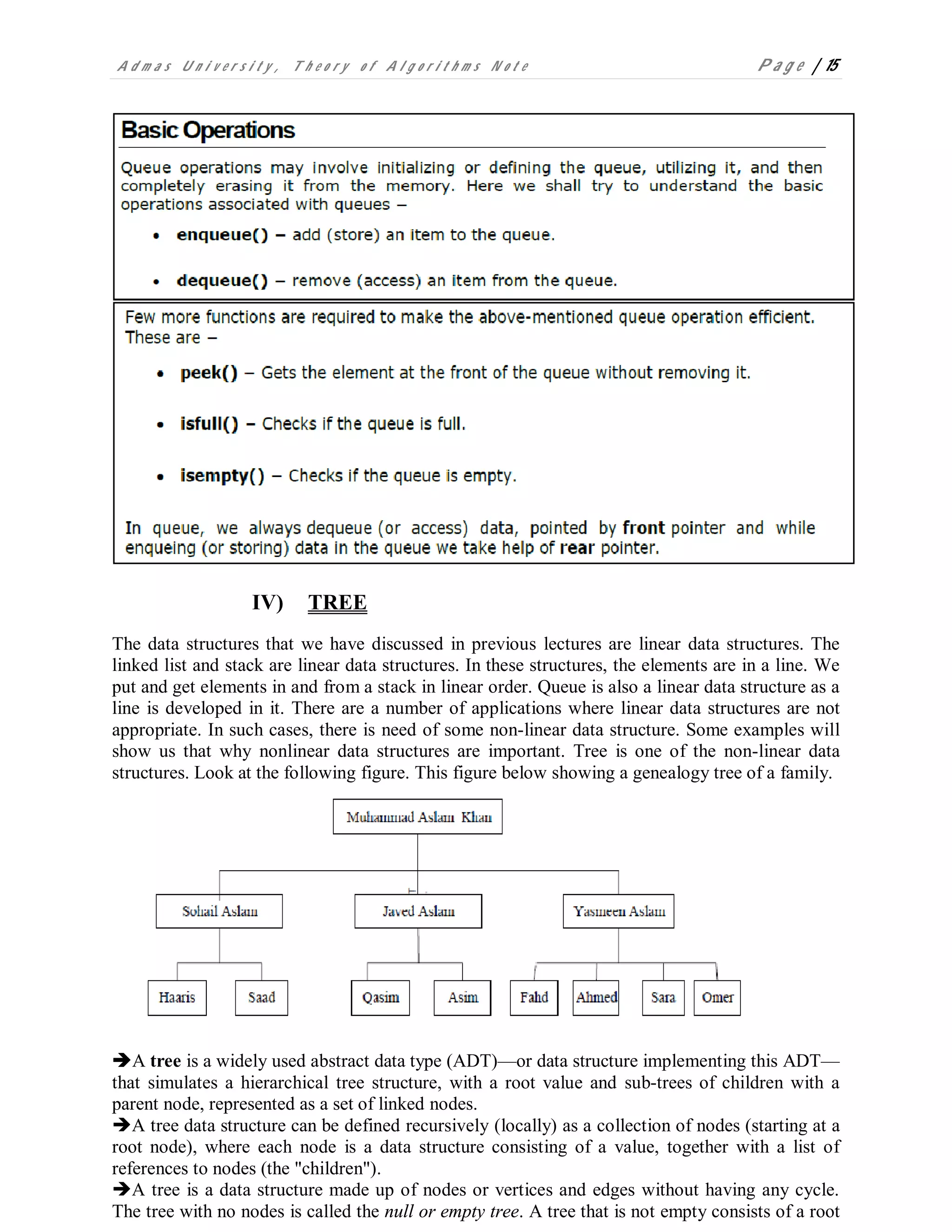A d m a s U n i v e r s i t y , T h e o r y o f A l g o r i t h m s N o t e P a g e | 15
IV) TREE
The data structures that we have discussed in previous lectures are linear data structures. The
linked list and stack are linear data structures. In these structures, the elements are in a line. We
put and get elements in and from a stack in linear order. Queue is also a linear data structure as a
line is developed in it. There are a number of applications where linear data structures are not
appropriate. In such cases, there is need of some non-linear data structure. Some examples will
show us that why nonlinear data structures are important. Tree is one of the non-linear data
structures. Look at the following figure. This figure below showing a genealogy tree of a family.
A tree is a widely used abstract data type (ADT)—or data structure implementing this ADT—
that simulates a hierarchical tree structure, with a root value and sub-trees of children with a
parent node, represented as a set of linked nodes.
A tree data structure can be defined recursively (locally) as a collection of nodes (starting at a
root node), where each node is a data structure consisting of a value, together with a list of
references to nodes (the "children").
A tree is a data structure made up of nodes or vertices and edges without having any cycle.
The tree with no nodes is called the null or empty tree. A tree that is not empty consists of a root
 