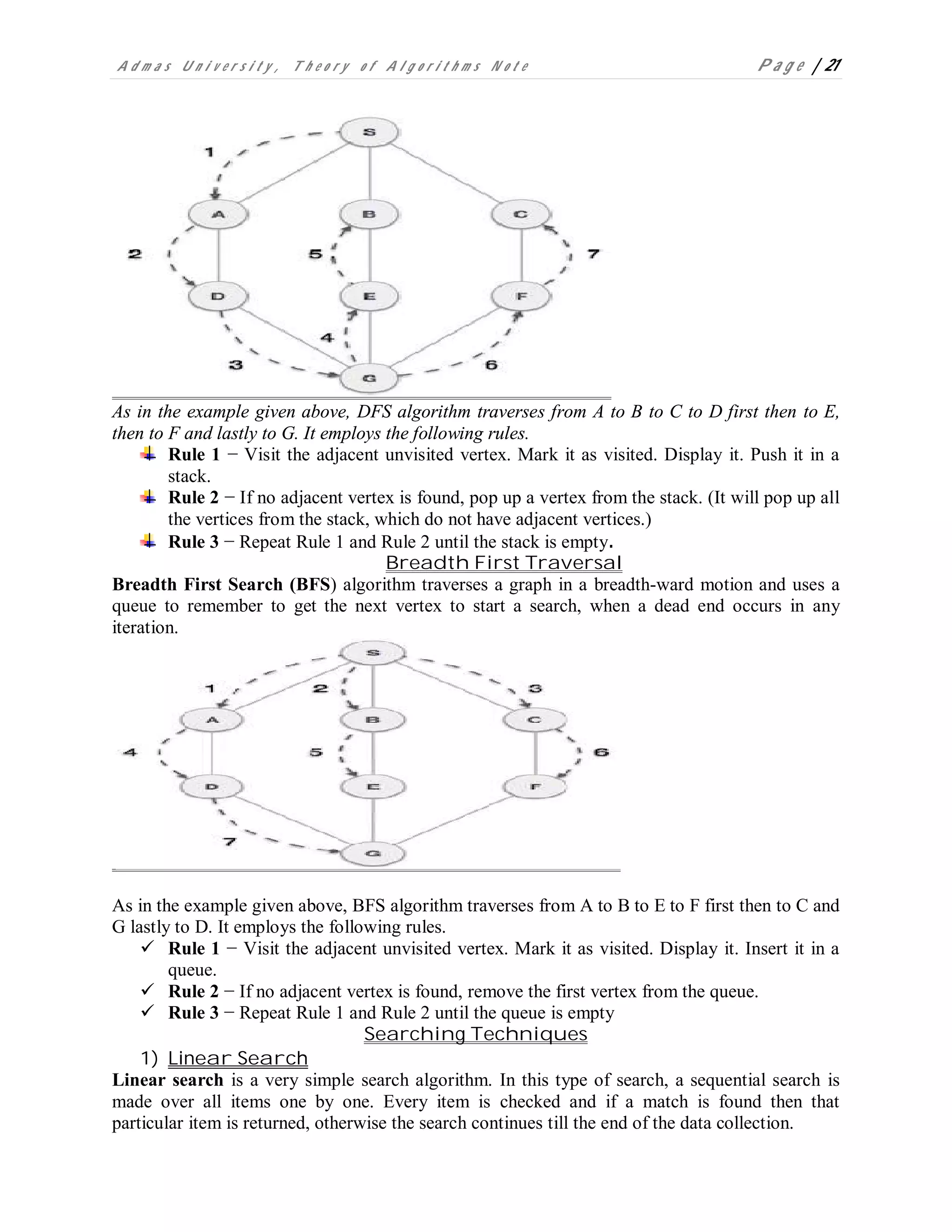 A d m a s U n i v e r s i t y , T h e o r y o f A l g o r i t h m s N o t e P a g e | 21
As in the example given above, DFS algorithm traverses from A to B to C to D first then to E,
then to F and lastly to G. It employs the following rules.
Rule 1 − Visit the adjacent unvisited vertex. Mark it as visited. Display it. Push it in a
stack.
Rule 2 − If no adjacent vertex is found, pop up a vertex from the stack. (It will pop up all
the vertices from the stack, which do not have adjacent vertices.)
Rule 3 − Repeat Rule 1 and Rule 2 until the stack is empty.
Breadth First Traversal
Breadth First Search (BFS) algorithm traverses a graph in a breadth-ward motion and uses a
queue to remember to get the next vertex to start a search, when a dead end occurs in any
iteration.
As in the example given above, BFS algorithm traverses from A to B to E to F first then to C and
G lastly to D. It employs the following rules.
 Rule 1 − Visit the adjacent unvisited vertex. Mark it as visited. Display it. Insert it in a
queue.
 Rule 2 − If no adjacent vertex is found, remove the first vertex from the queue.
 Rule 3 − Repeat Rule 1 and Rule 2 until the queue is empty
Searching Techniques
1) Linear Search
Linear search is a very simple search algorithm. In this type of search, a sequential search is
made over all items one by one. Every item is checked and if a match is found then that
particular item is returned, otherwise the search continues till the end of the data collection.
 