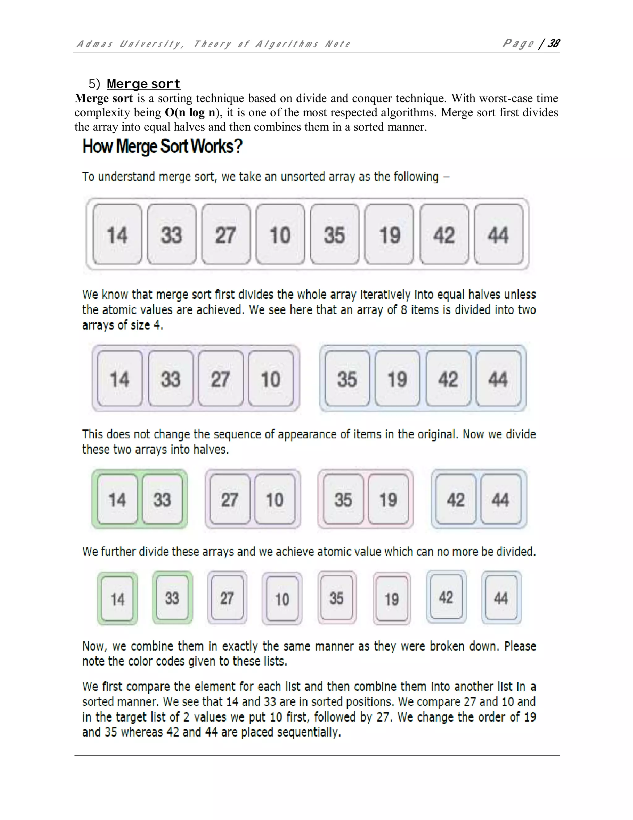 A d m a s U n i v e r s i t y , T h e o r y o f A l g o r i t h m s N o t e P a g e | 38
5) Merge sort
Merge sort is a sorting technique based on divide and conquer technique. With worst-case time
complexity being Ο(n log n), it is one of the most respected algorithms. Merge sort first divides
the array into equal halves and then combines them in a sorted manner.
 
