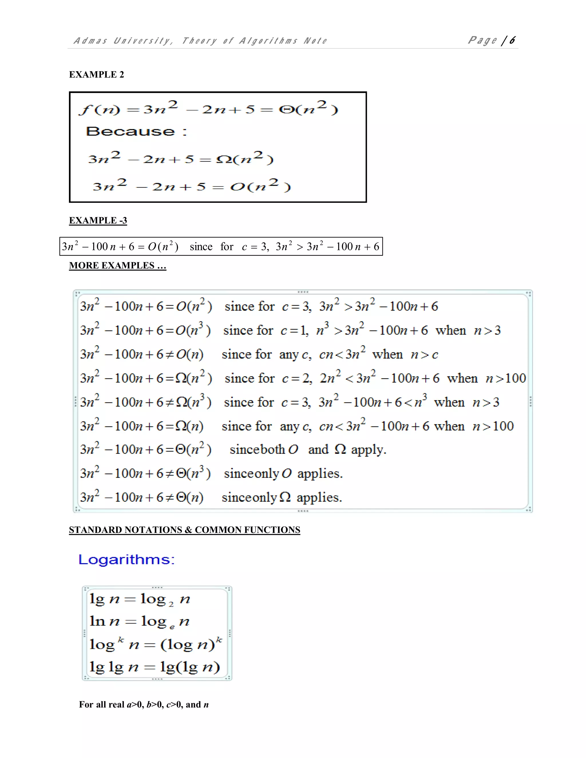 A d m a s U n i v e r s i t y , T h e o r y o f A l g o r i t h m s N o t e P a g e | 6
EXAMPLE 2
EXAMPLE -3
MORE EXAMPLES …
STANDARD NOTATIONS & COMMON FUNCTIONS
For all real a>0, b>0, c>0, and n
610033,3forsince)(61003 2222
 nnncnOnn
 