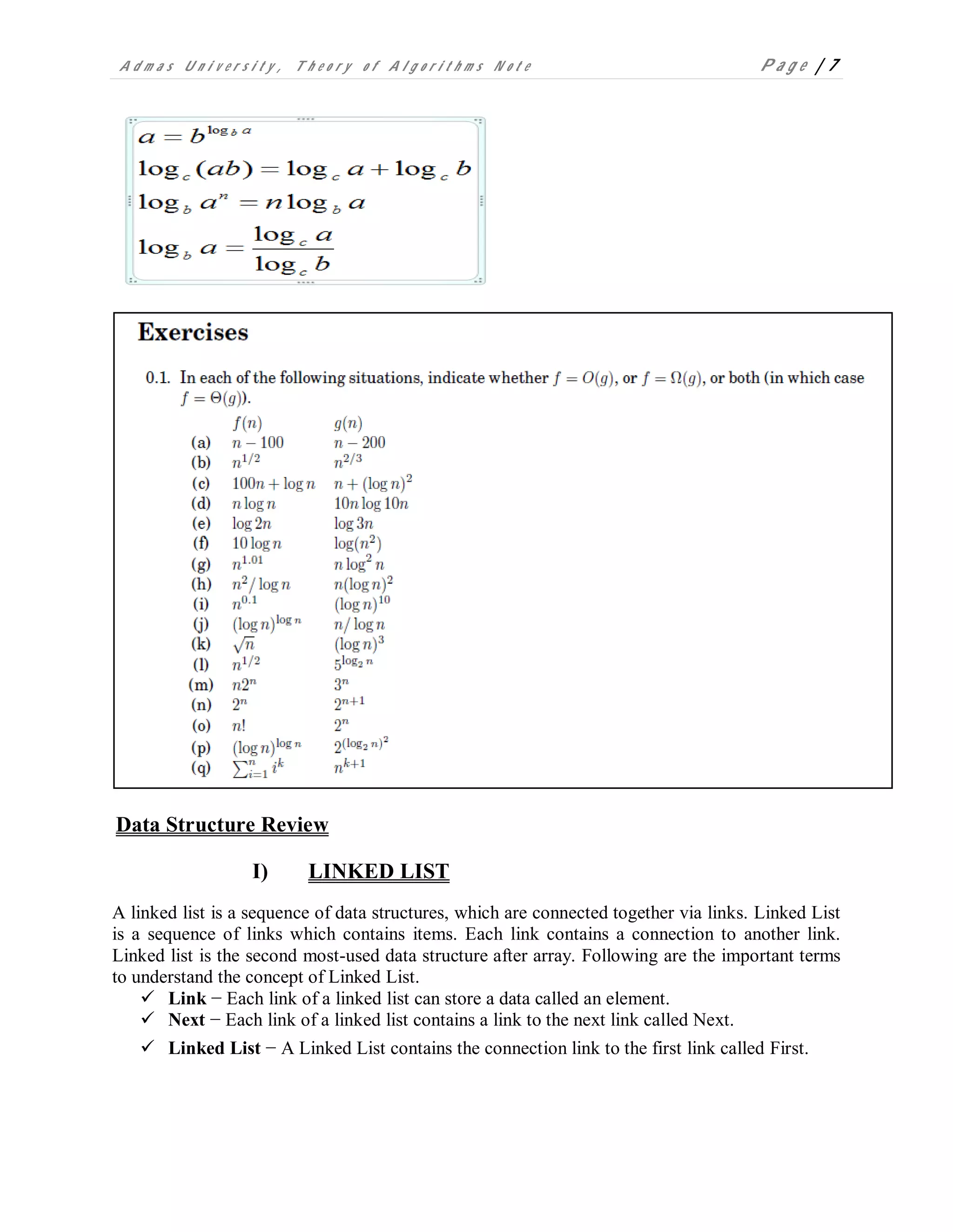 A d m a s U n i v e r s i t y , T h e o r y o f A l g o r i t h m s N o t e P a g e | 7
Data Structure Review
I) LINKED LIST
A linked list is a sequence of data structures, which are connected together via links. Linked List
is a sequence of links which contains items. Each link contains a connection to another link.
Linked list is the second most-used data structure after array. Following are the important terms
to understand the concept of Linked List.
 Link − Each link of a linked list can store a data called an element.
 Next − Each link of a linked list contains a link to the next link called Next.
 Linked List − A Linked List contains the connection link to the first link called First.
 