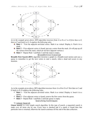 A d m a s U n i v e r s i t y , T h e o r y o f A l g o r i t h m s N o t e P a g e | 21
As in the example given above, DFS algorithm traverses from A to B to C to D first then to E,
then to F and lastly to G. It employs the following rules.
Rule 1 − Visit the adjacent unvisited vertex. Mark it as visited. Display it. Push it in a
stack.
Rule 2 − If no adjacent vertex is found, pop up a vertex from the stack. (It will pop up all
the vertices from the stack, which do not have adjacent vertices.)
Rule 3 − Repeat Rule 1 and Rule 2 until the stack is empty.
Breadth First Traversal
Breadth First Search (BFS) algorithm traverses a graph in a breadth-ward motion and uses a
queue to remember to get the next vertex to start a search, when a dead end occurs in any
iteration.
As in the example given above, BFS algorithm traverses from A to B to E to F first then to C and
G lastly to D. It employs the following rules.
 Rule 1 − Visit the adjacent unvisited vertex. Mark it as visited. Display it. Insert it in a
queue.
 Rule 2 − If no adjacent vertex is found, remove the first vertex from the queue.
 Rule 3 − Repeat Rule 1 and Rule 2 until the queue is empty
Searching Techniques
1) Linear Search
Linear search is a very simple search algorithm. In this type of search, a sequential search is
made over all items one by one. Every item is checked and if a match is found then that
particular item is returned, otherwise the search continues till the end of the data collection.
 
