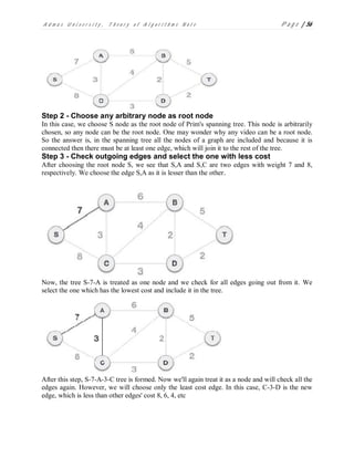 A d m a s U n i v e r s i t y , T h e o r y o f A l g o r i t h m s N o t e P a g e | 56
Step 2 - Choose any arbitrary node as root node
In this case, we choose S node as the root node of Prim's spanning tree. This node is arbitrarily
chosen, so any node can be the root node. One may wonder why any video can be a root node.
So the answer is, in the spanning tree all the nodes of a graph are included and because it is
connected then there must be at least one edge, which will join it to the rest of the tree.
Step 3 - Check outgoing edges and select the one with less cost
After choosing the root node S, we see that S,A and S,C are two edges with weight 7 and 8,
respectively. We choose the edge S,A as it is lesser than the other.
Now, the tree S-7-A is treated as one node and we check for all edges going out from it. We
select the one which has the lowest cost and include it in the tree.
After this step, S-7-A-3-C tree is formed. Now we'll again treat it as a node and will check all the
edges again. However, we will choose only the least cost edge. In this case, C-3-D is the new
edge, which is less than other edges' cost 8, 6, 4, etc
 