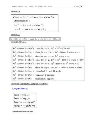 A d m a s U n i v e r s i t y , T h e o r y o f A l g o r i t h m s N o t e P a g e | 6
EXAMPLE 2
EXAMPLE -3
MORE EXAMPLES …
STANDARD NOTATIONS & COMMON FUNCTIONS
For all real a>0, b>0, c>0, and n
610033,3forsince)(61003 2222
 nnncnOnn
 