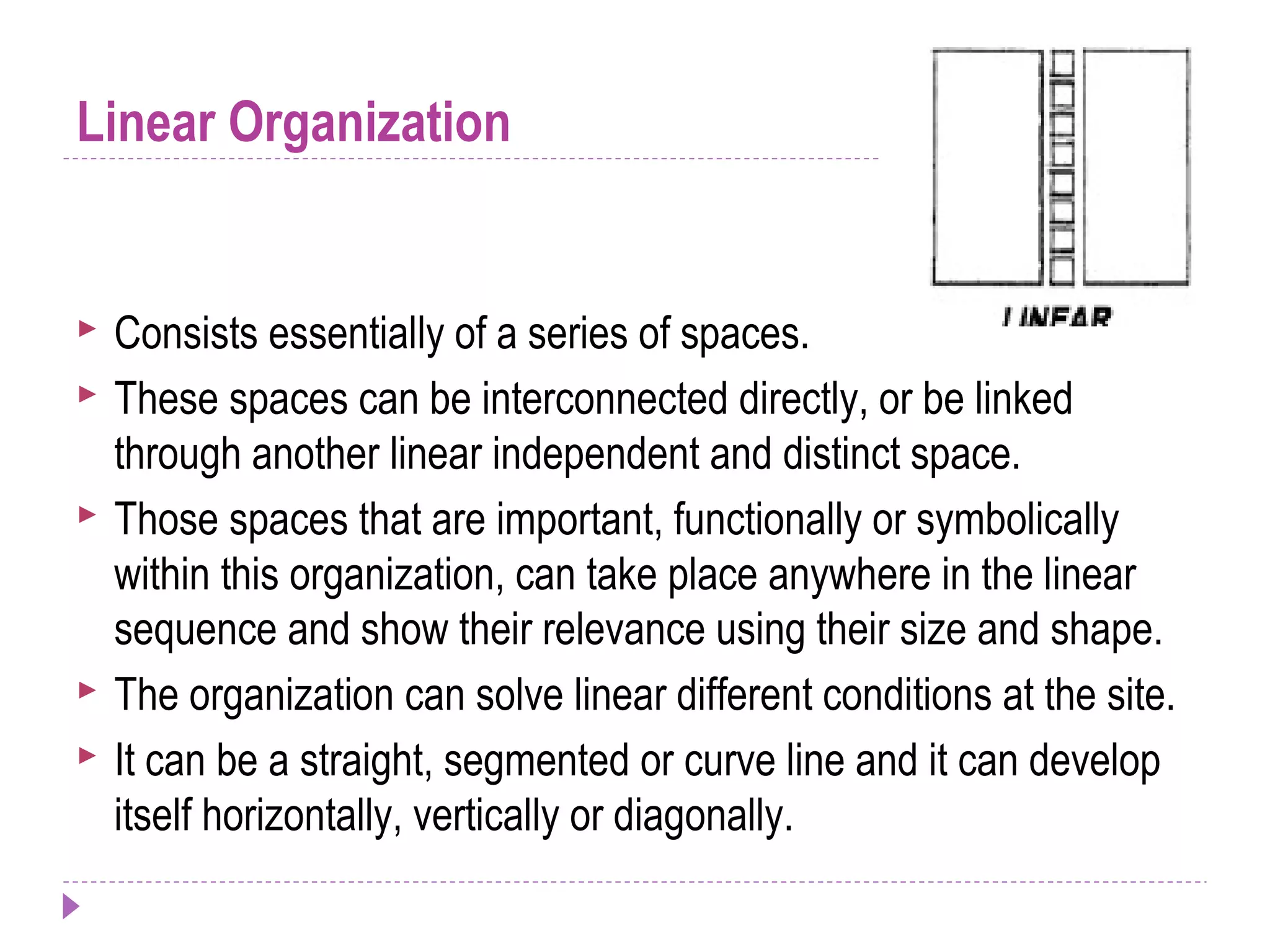 Linear Organization
 Consists essentially of a series of spaces.
 These spaces can be interconnected directly, or be linked
through another linear independent and distinct space.
 Those spaces that are important, functionally or symbolically
within this organization, can take place anywhere in the linear
sequence and show their relevance using their size and shape.
 The organization can solve linear different conditions at the site.
 It can be a straight, segmented or curve line and it can develop
itself horizontally, vertically or diagonally.
 