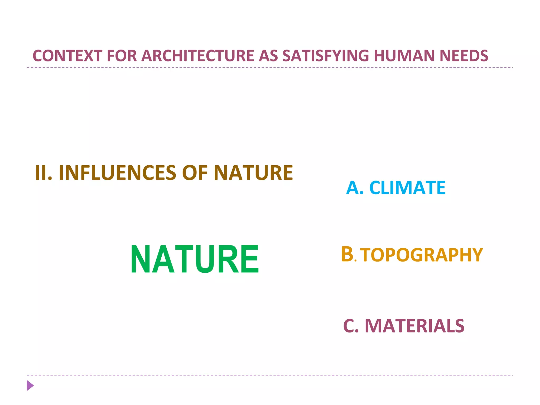 CONTEXT FOR ARCHITECTURE AS SATISFYING HUMAN NEEDS
NATURE
II. INFLUENCES OF NATURE
A. CLIMATE
B. TOPOGRAPHY
C. MATERIALS
 