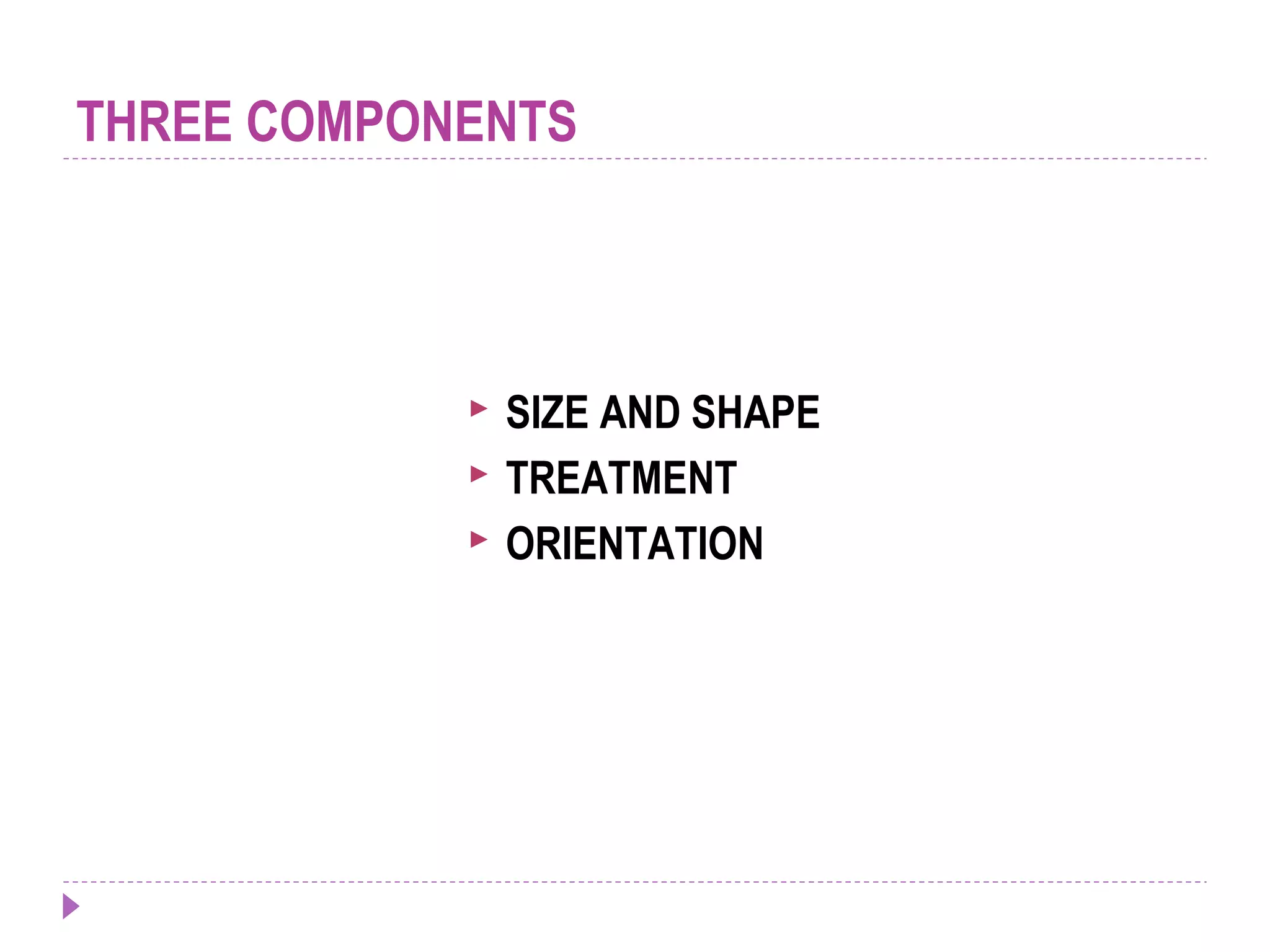 THREE COMPONENTS
 SIZE AND SHAPE
 TREATMENT
 ORIENTATION
 