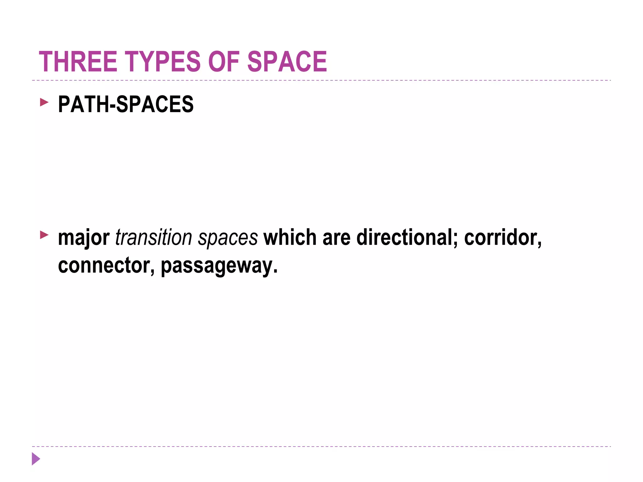  PATH-SPACES
 major transition spaces which are directional; corridor,
connector, passageway.
THREE TYPES OF SPACE
 