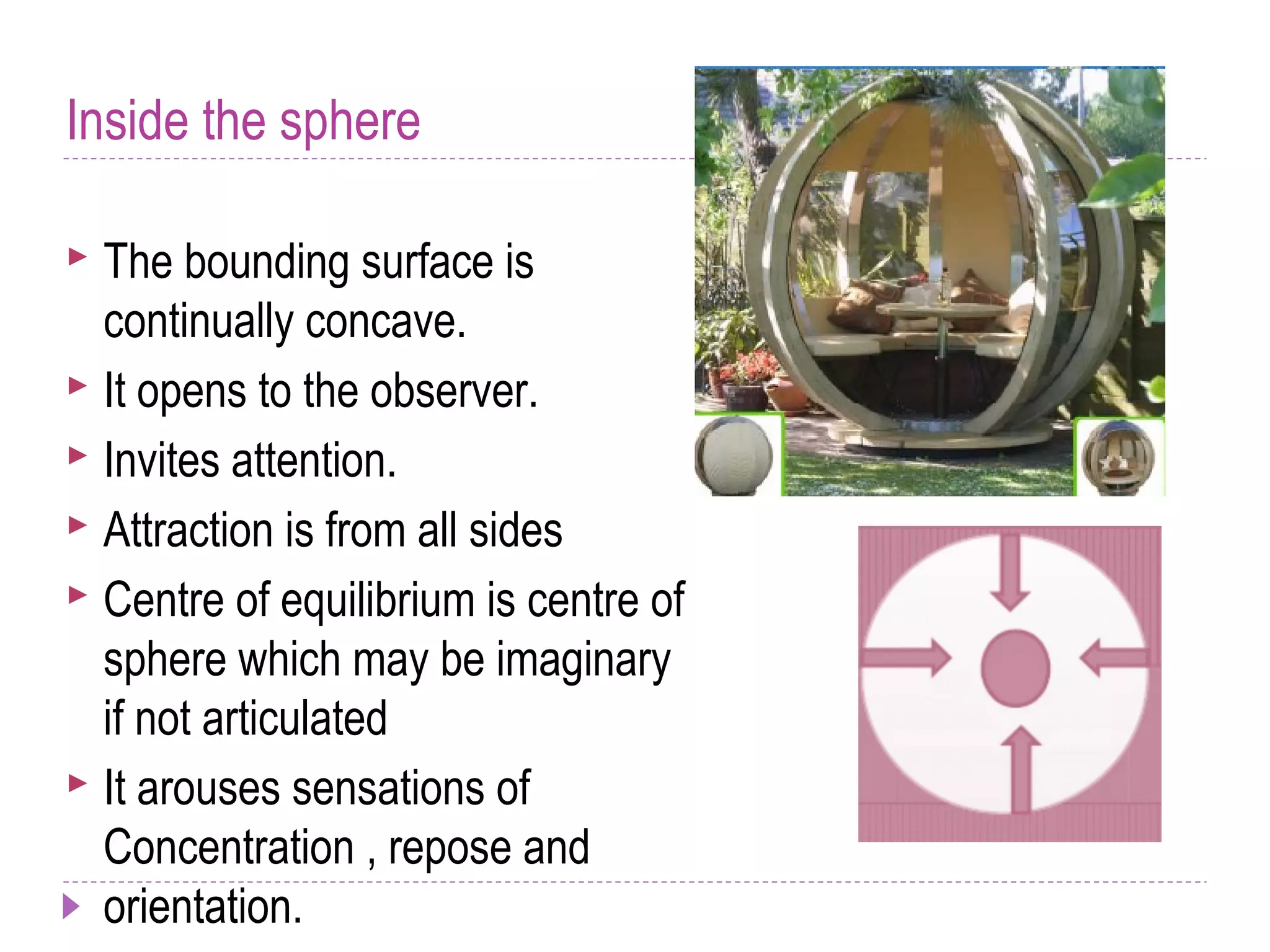 Inside the sphere
 The bounding surface is
continually concave.
 It opens to the observer.
 Invites attention.
 Attraction is from all sides
 Centre of equilibrium is centre of
sphere which may be imaginary
if not articulated
 It arouses sensations of
Concentration , repose and
orientation.
 