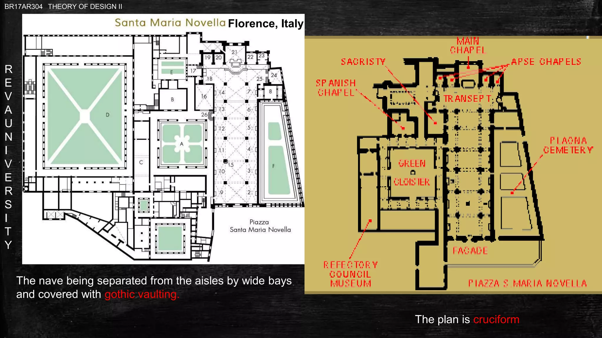 R
E
V
A
U
N
I
V
E
R
S
I
T
Y
BR17AR304 THEORY OF DESIGN II
Florence, Italy
The nave being separated from the aisles by wide bays
and covered with gothic vaulting.
The plan is cruciform
 