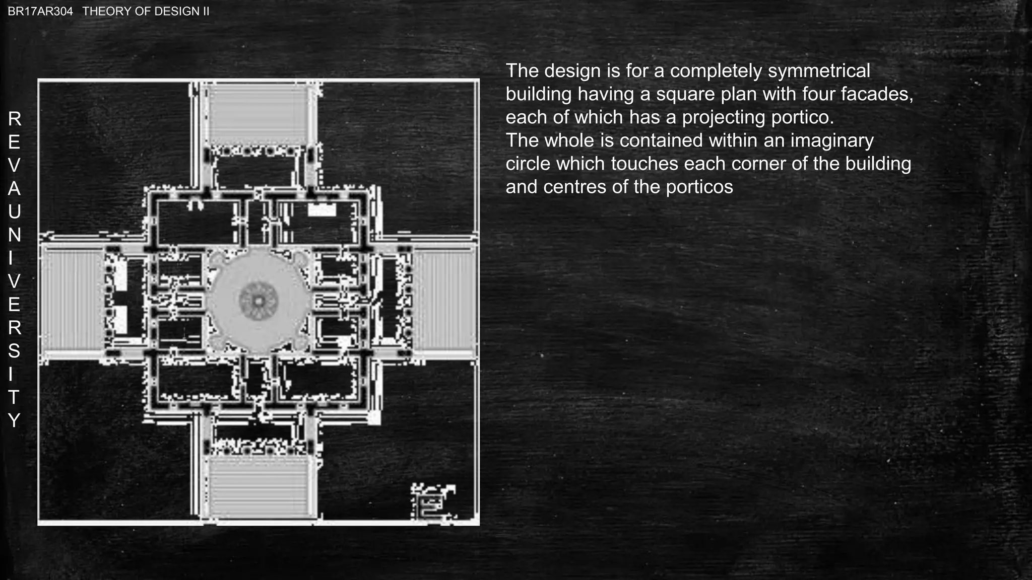 R
E
V
A
U
N
I
V
E
R
S
I
T
Y
BR17AR304 THEORY OF DESIGN II
The design is for a completely symmetrical
building having a square plan with four facades,
each of which has a projecting portico.
The whole is contained within an imaginary
circle which touches each corner of the building
and centres of the porticos
 