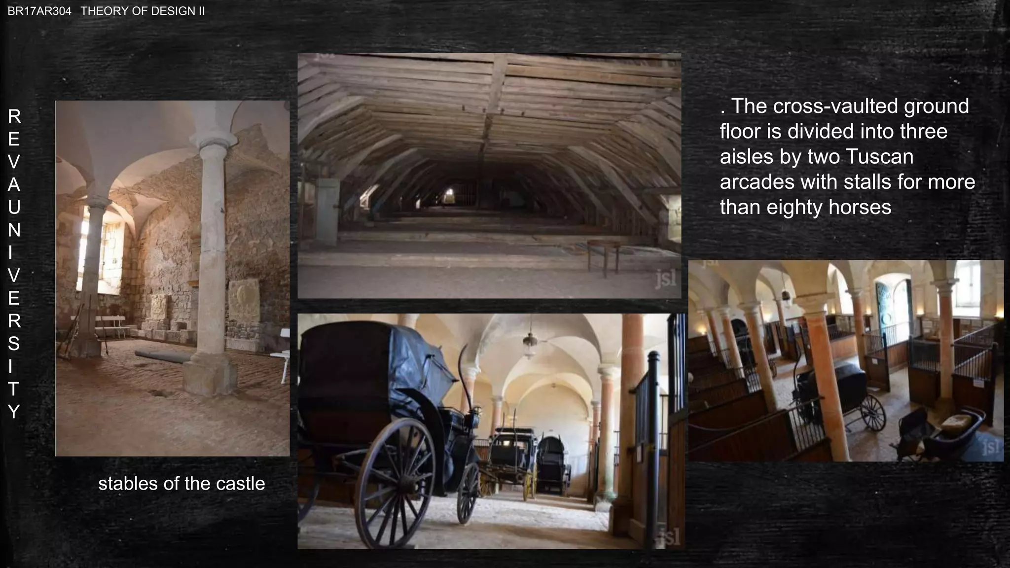 R
E
V
A
U
N
I
V
E
R
S
I
T
Y
BR17AR304 THEORY OF DESIGN II
stables of the castle
. The cross-vaulted ground
floor is divided into three
aisles by two Tuscan
arcades with stalls for more
than eighty horses
 