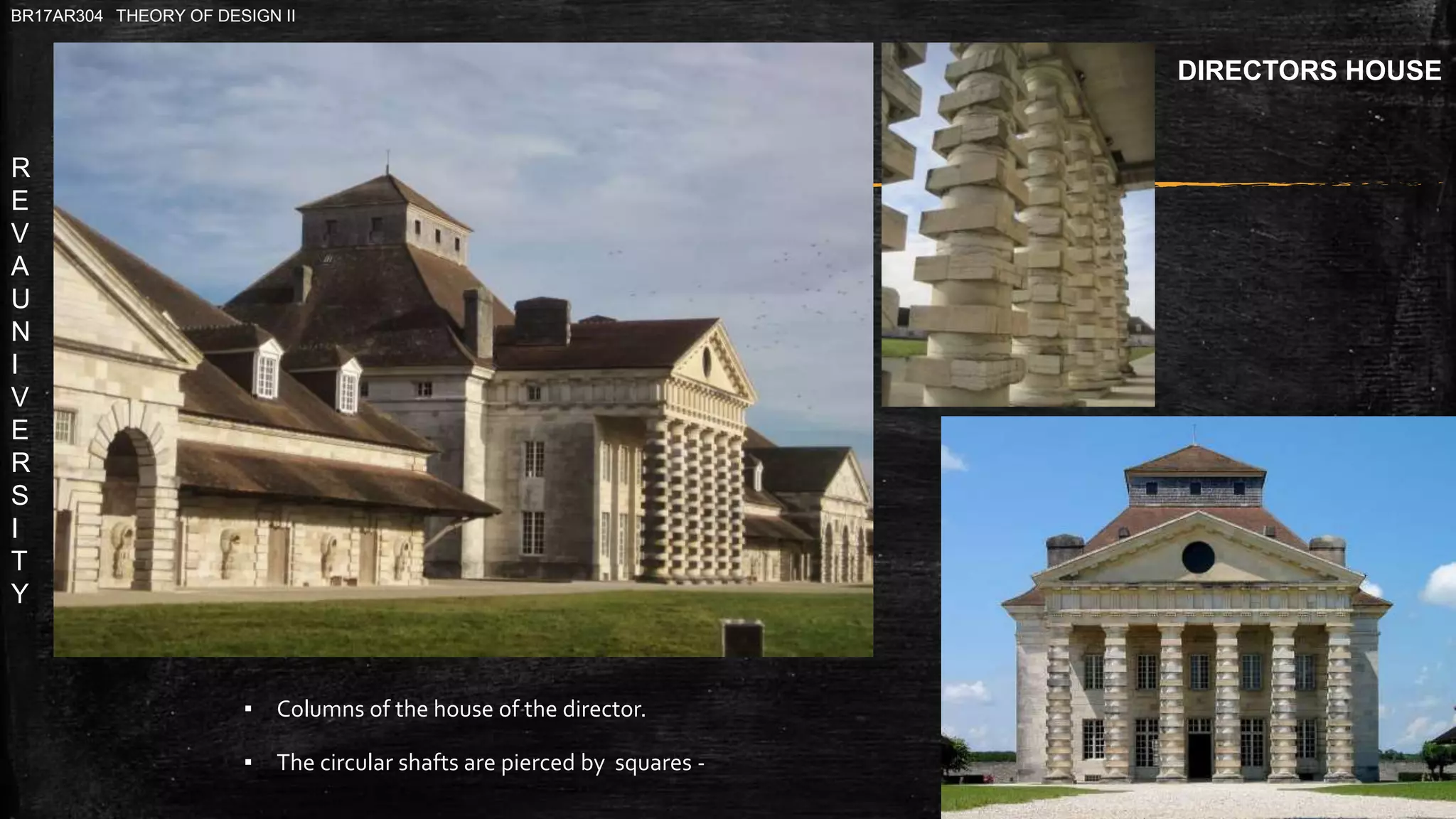 R
E
V
A
U
N
I
V
E
R
S
I
T
Y
BR17AR304 THEORY OF DESIGN II
▪ Columns of the house of the director.
▪ The circular shafts are pierced by squares -
DIRECTORS HOUSE
 