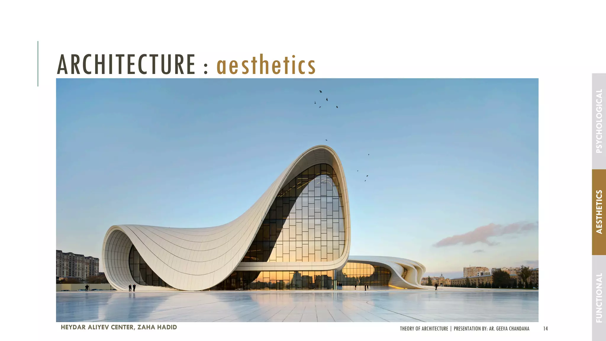 THEORY OF ARCHITECTURE | PRESENTATION BY: AR. GEEVA CHANDANA 14
ARCHITECTURE : aesthetics
HEYDAR ALIYEV CENTER, ZAHA HADID
FUNCTIONALAESTHETICSPSYCHOLOGICAL
 