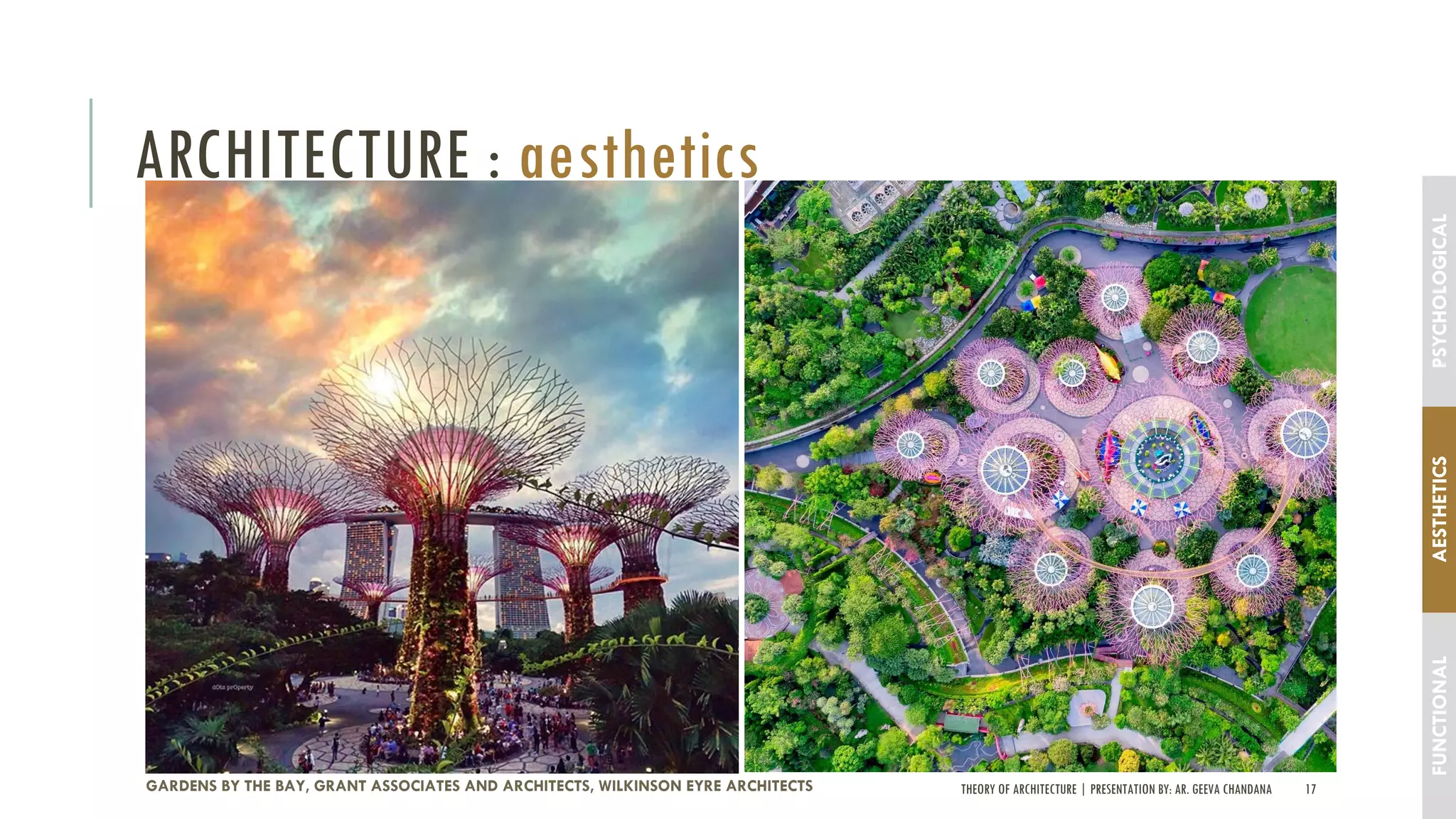 THEORY OF ARCHITECTURE | PRESENTATION BY: AR. GEEVA CHANDANA 17
ARCHITECTURE : aesthetics
GARDENS BY THE BAY, GRANT ASSOCIATES AND ARCHITECTS, WILKINSON EYRE ARCHITECTS
FUNCTIONALAESTHETICSPSYCHOLOGICAL
 