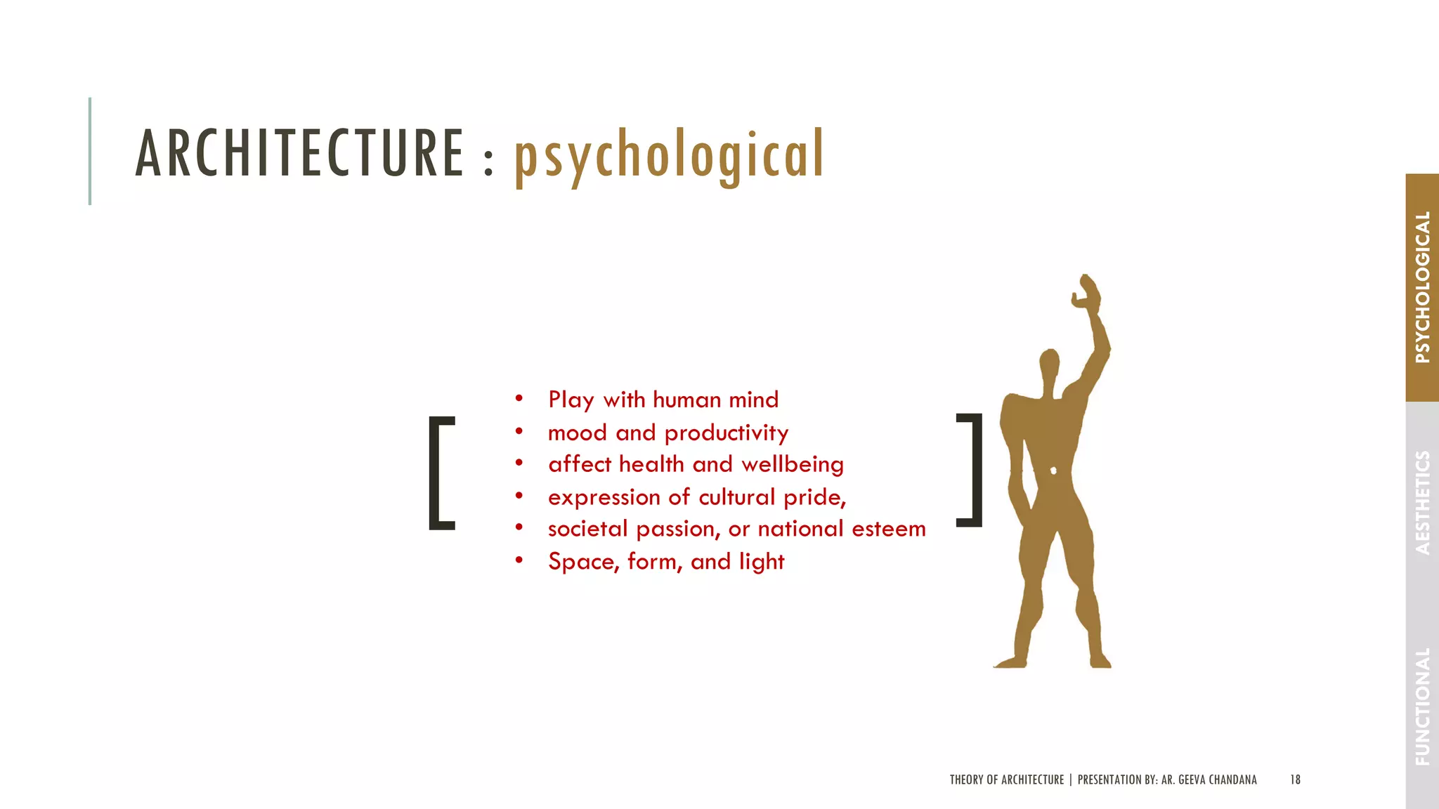 THEORY OF ARCHITECTURE | PRESENTATION BY: AR. GEEVA CHANDANA 18
ARCHITECTURE : psychological
FUNCTIONALAESTHETICSPSYCHOLOGICAL
• Play with human mind
• mood and productivity
• affect health and wellbeing
• expression of cultural pride,
• societal passion, or national esteem
• Space, form, and light
[ [
 