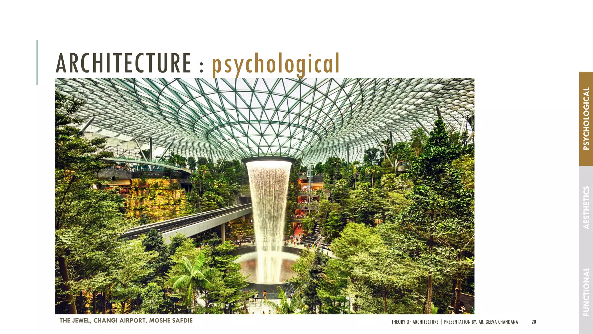 THEORY OF ARCHITECTURE | PRESENTATION BY: AR. GEEVA CHANDANA 20
ARCHITECTURE : psychological
THE JEWEL, CHANGI AIRPORT, MOSHE SAFDIE
FUNCTIONALAESTHETICSPSYCHOLOGICAL
 