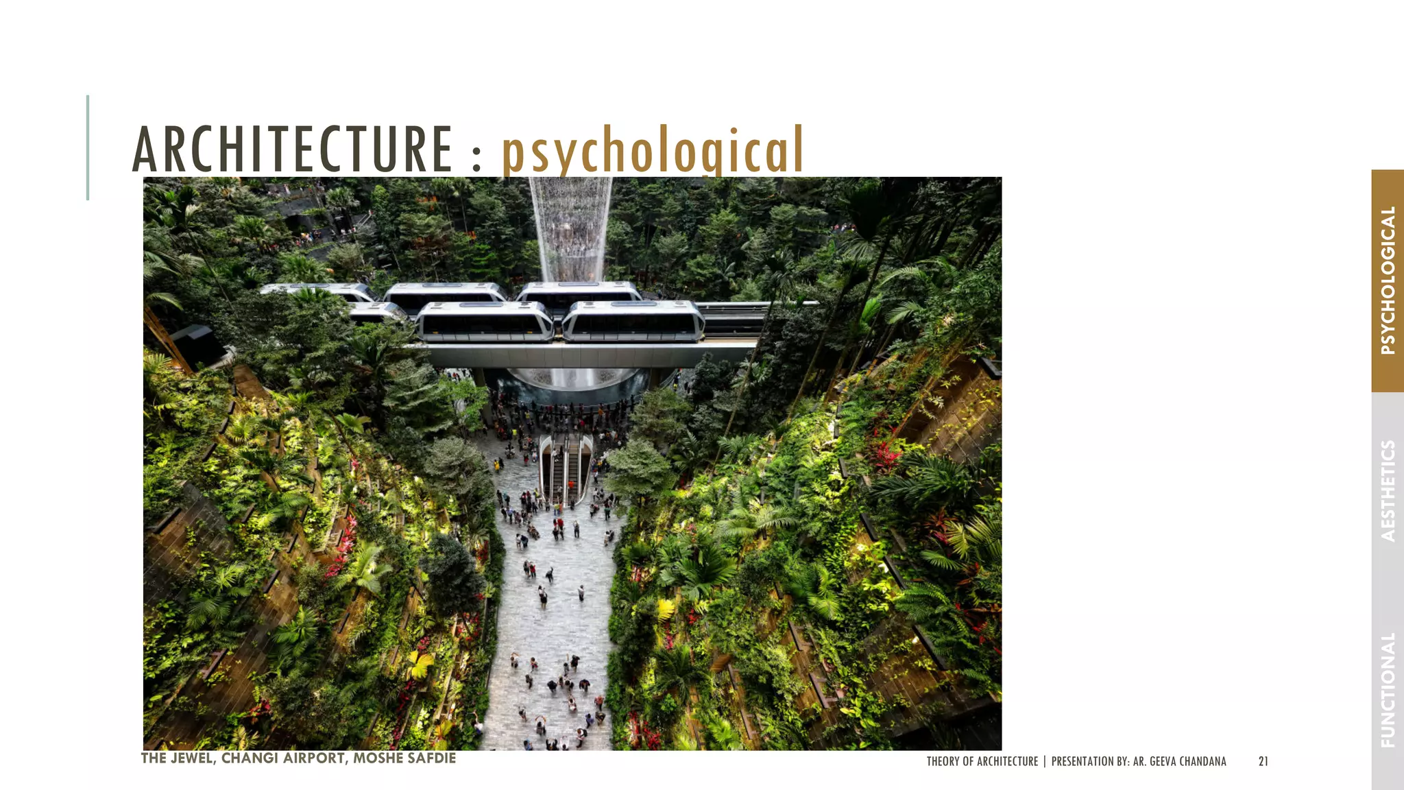 THEORY OF ARCHITECTURE | PRESENTATION BY: AR. GEEVA CHANDANA 21
ARCHITECTURE : psychological
THE JEWEL, CHANGI AIRPORT, MOSHE SAFDIE
FUNCTIONALAESTHETICSPSYCHOLOGICAL
 