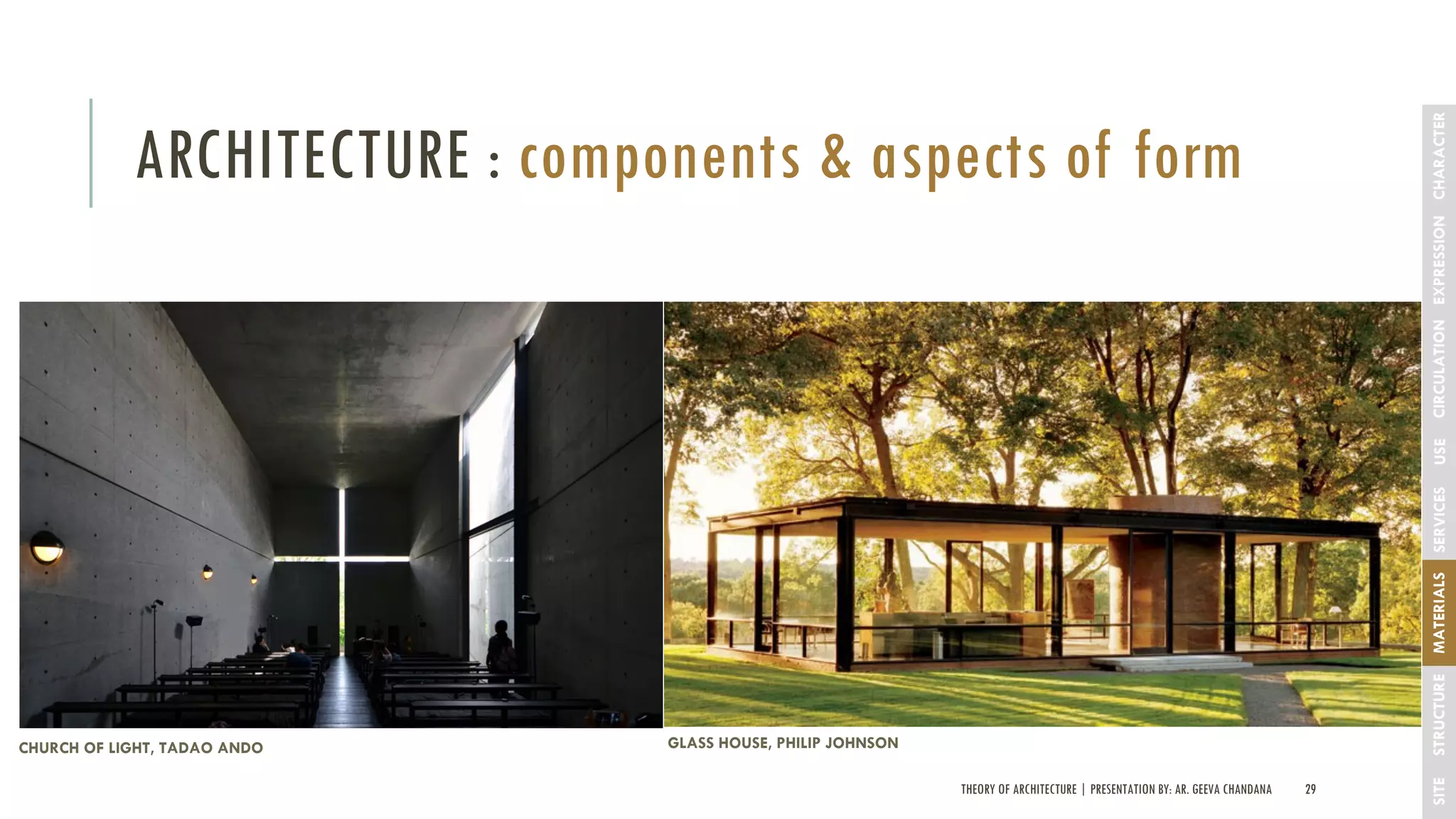 THEORY OF ARCHITECTURE | PRESENTATION BY: AR. GEEVA CHANDANA 29
ARCHITECTURE : components & aspects of form
SITESTRUCTUREMATERIALSSERVICESUSECIRCULATIONEXPRESSIONCHARACTER
CHURCH OF LIGHT, TADAO ANDO GLASS HOUSE, PHILIP JOHNSON
 