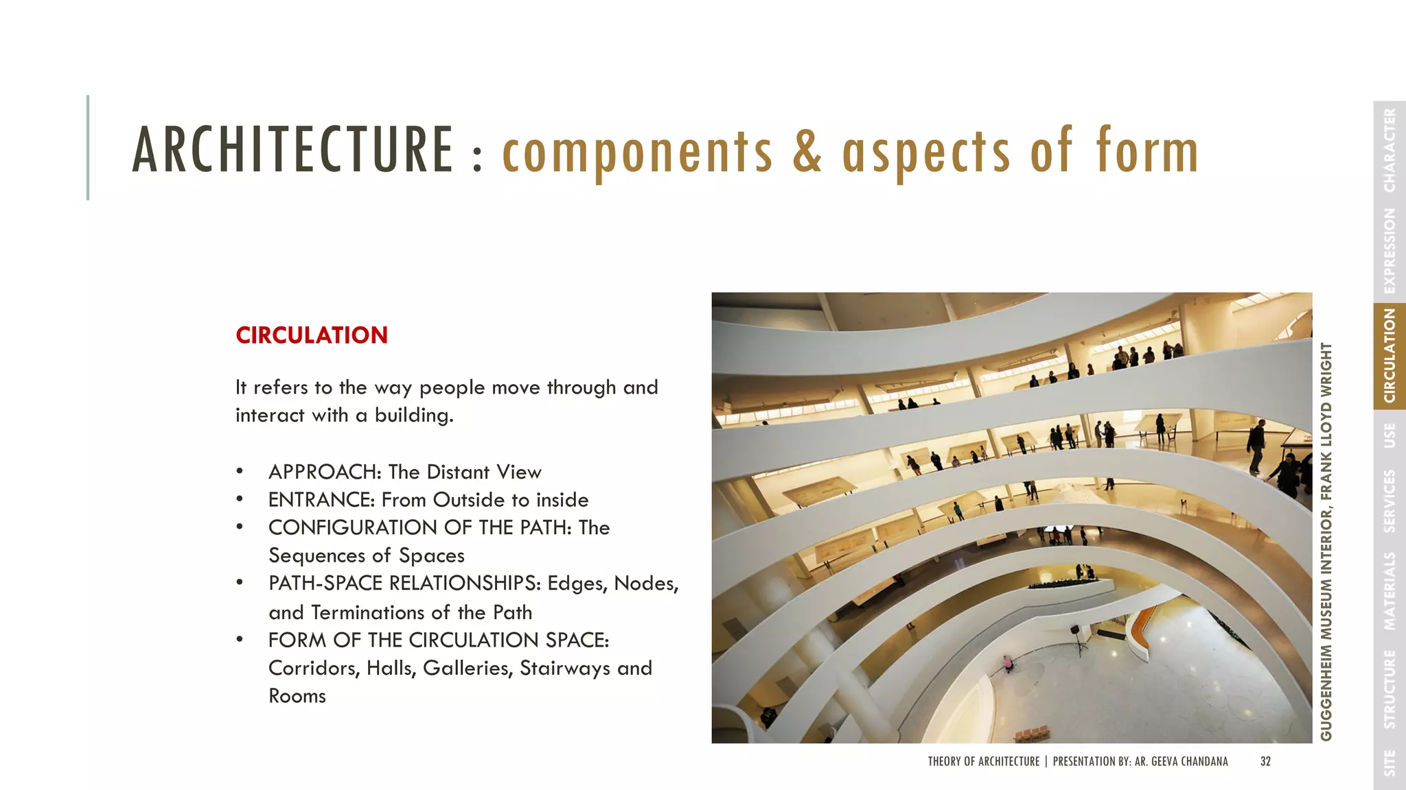 THEORY OF ARCHITECTURE | PRESENTATION BY: AR. GEEVA CHANDANA 32
ARCHITECTURE : components & aspects of form
SITESTRUCTUREMATERIALSSERVICESUSECIRCULATIONEXPRESSIONCHARACTER
CIRCULATION
It refers to the way people move through and
interact with a building.
• APPROACH: The Distant View
• ENTRANCE: From Outside to inside
• CONFIGURATION OF THE PATH: The
Sequences of Spaces
• PATH-SPACE RELATIONSHIPS: Edges, Nodes,
and Terminations of the Path
• FORM OF THE CIRCULATION SPACE:
Corridors, Halls, Galleries, Stairways and
Rooms
GUGGENHEIMMUSEUMINTERIOR,FRANKLLOYDWRIGHT
 