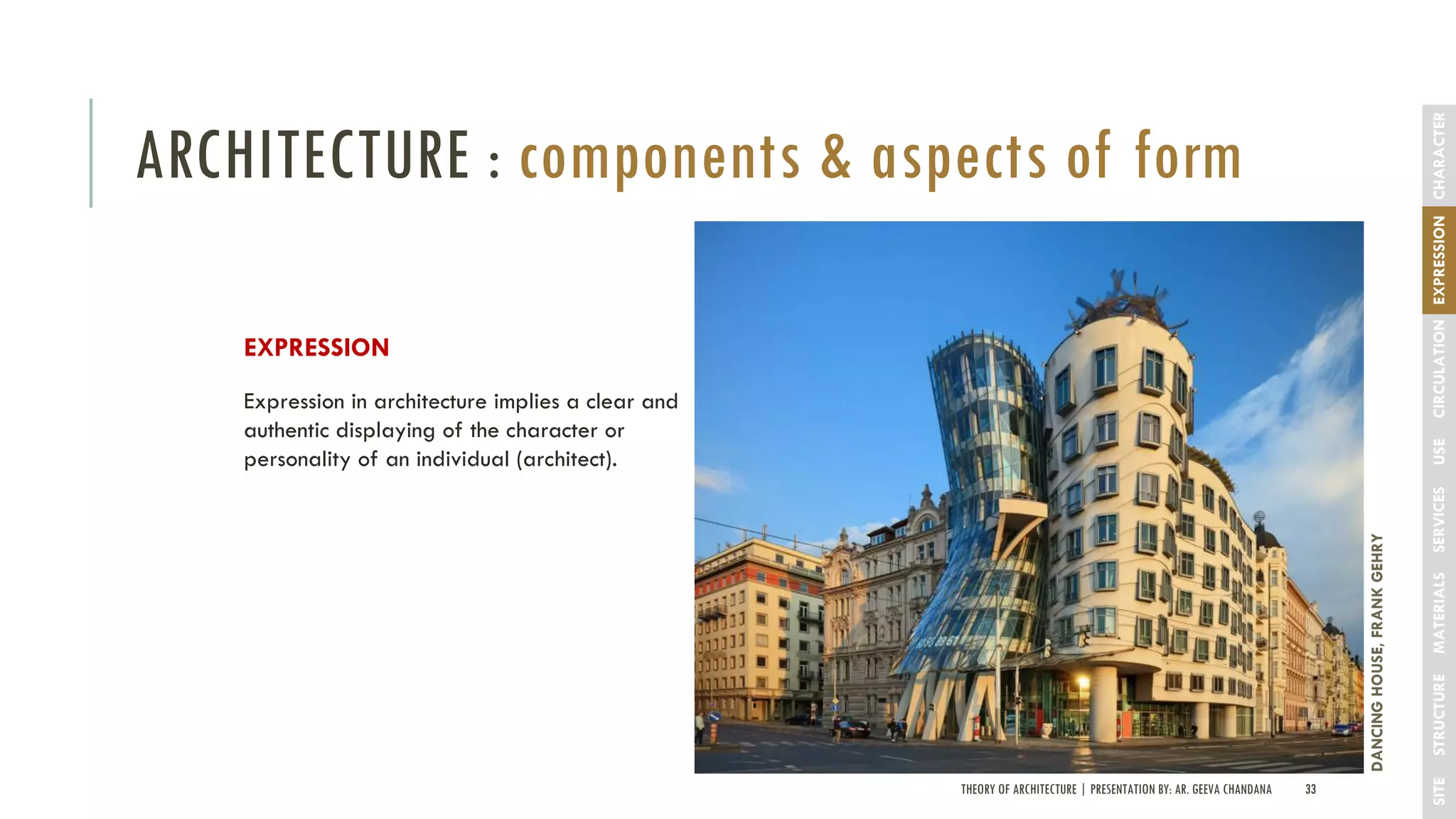 THEORY OF ARCHITECTURE | PRESENTATION BY: AR. GEEVA CHANDANA 33
ARCHITECTURE : components & aspects of form
SITESTRUCTUREMATERIALSSERVICESUSECIRCULATIONEXPRESSIONCHARACTER
EXPRESSION
Expression in architecture implies a clear and
authentic displaying of the character or
personality of an individual (architect).
DANCINGHOUSE,FRANKGEHRY
 